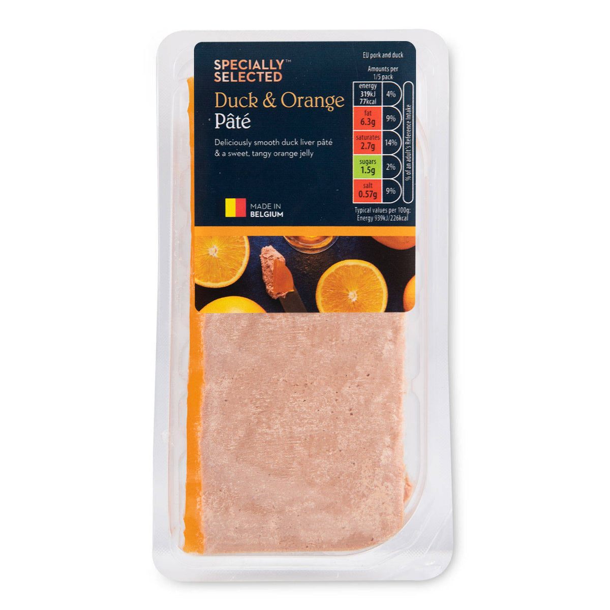 Duck and orange pâté, smooth liver spread, imported from the UK