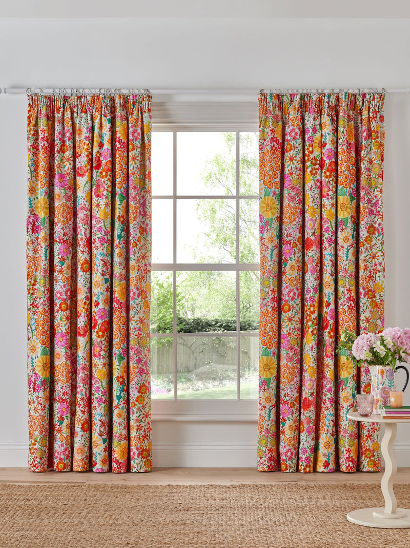 Lucy Tiffney Orange Campion Floral Pencil Pleat Blackout Curtains