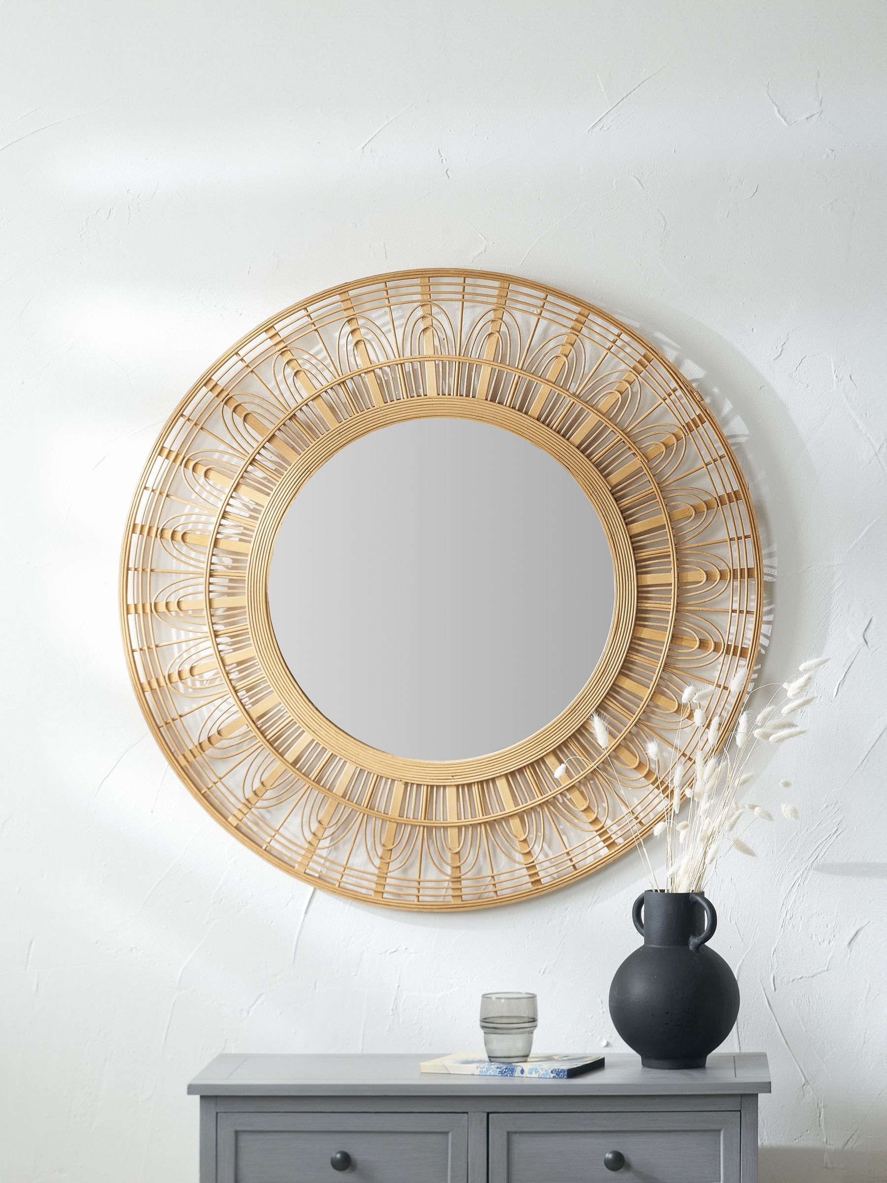 Pacific Natural wooden frame round wall mirror 90cm, imported from the UK