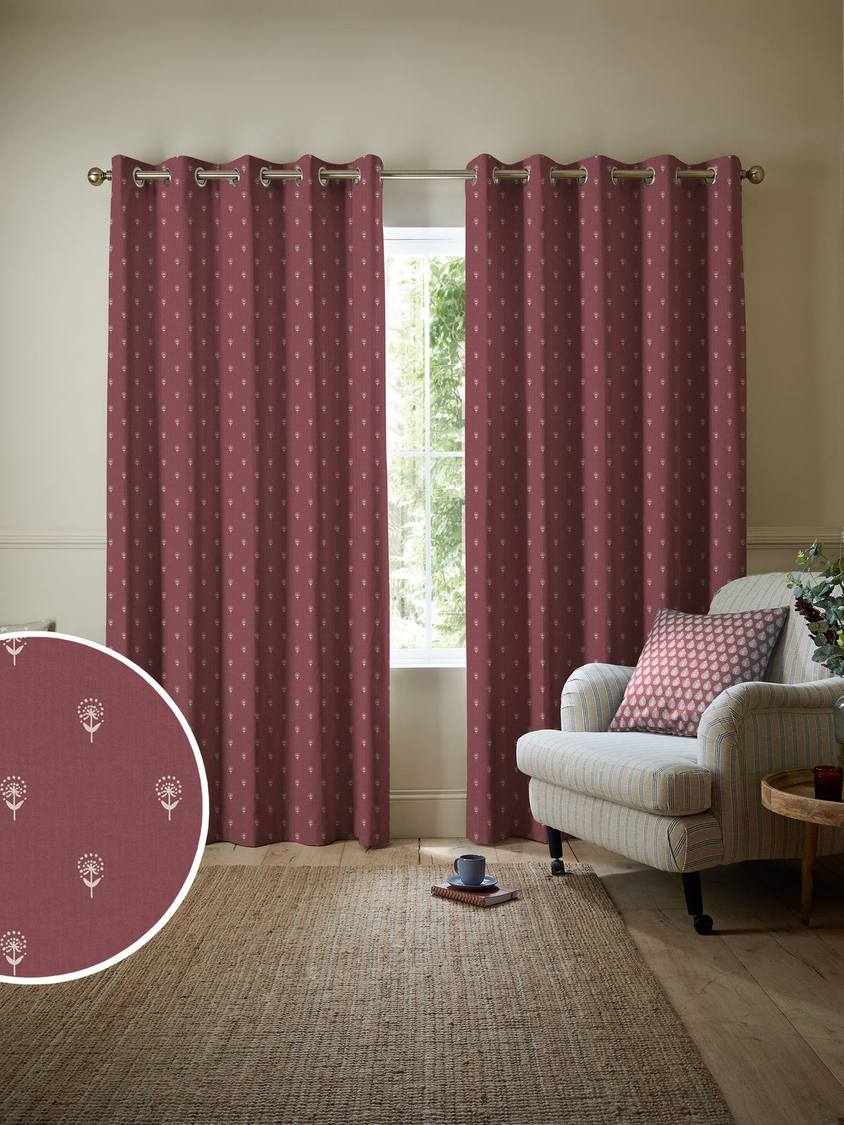 Emily Bond Wild Thyme burgundy red curtains, imported from the UK