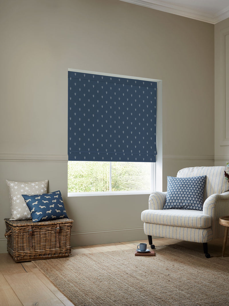 Emily Bond roman blind indigo blue wild thyme, imported from the UK