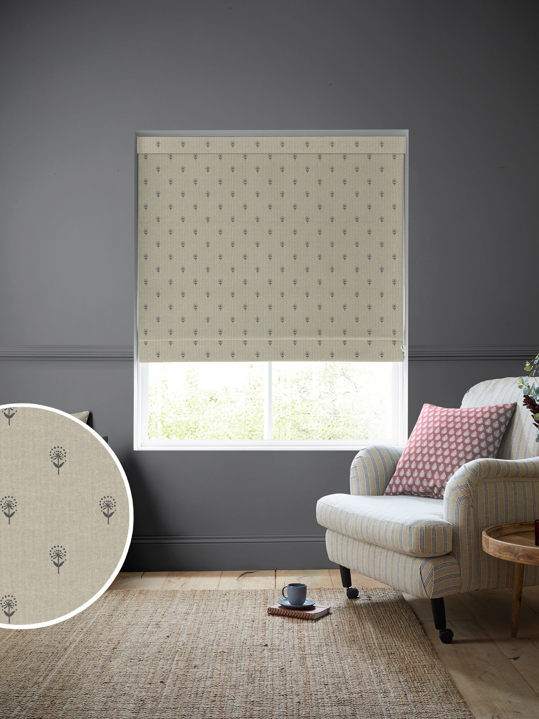 Emily Bond roman blind Charcoal Grey Wild Thyme - British product