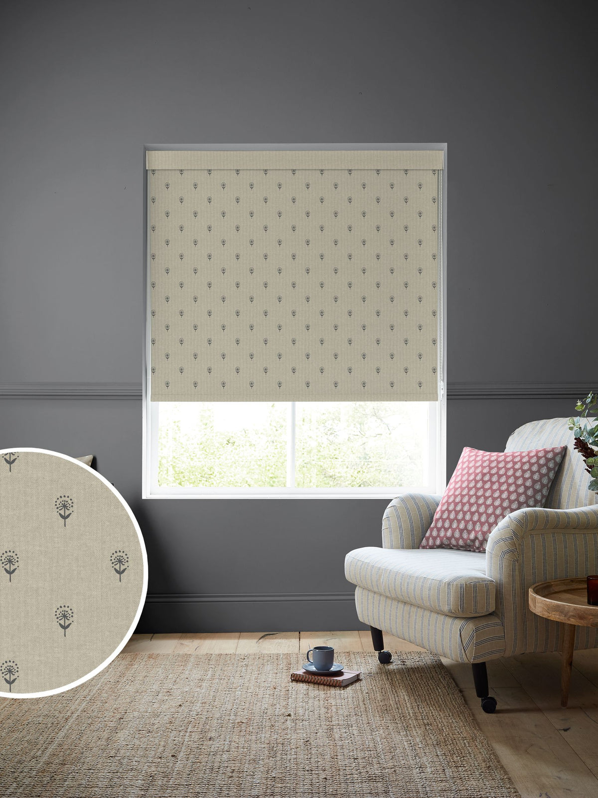 Emily Bond Charcoal Grey Wild Thyme roller blind - British product