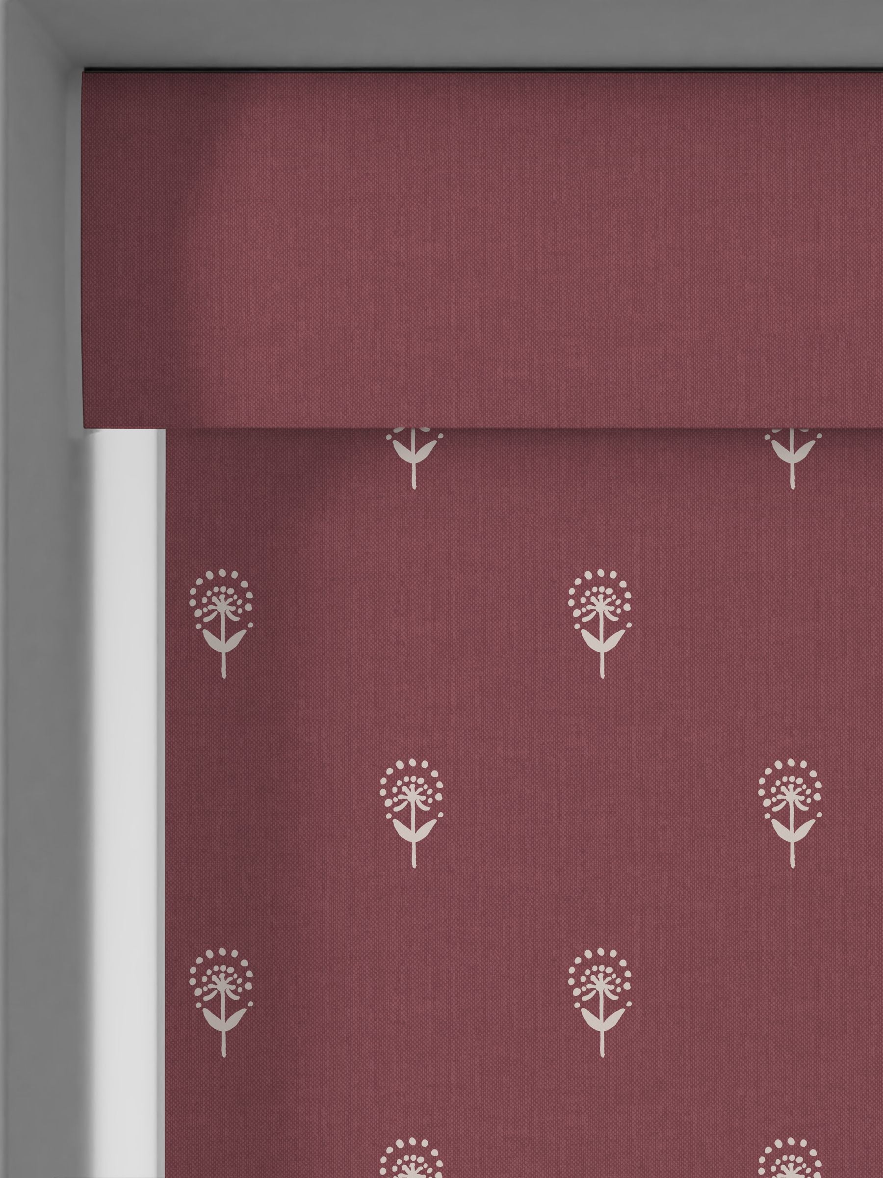 Emily Bond roller blind Burgundy Red Wild Thyme, UK version