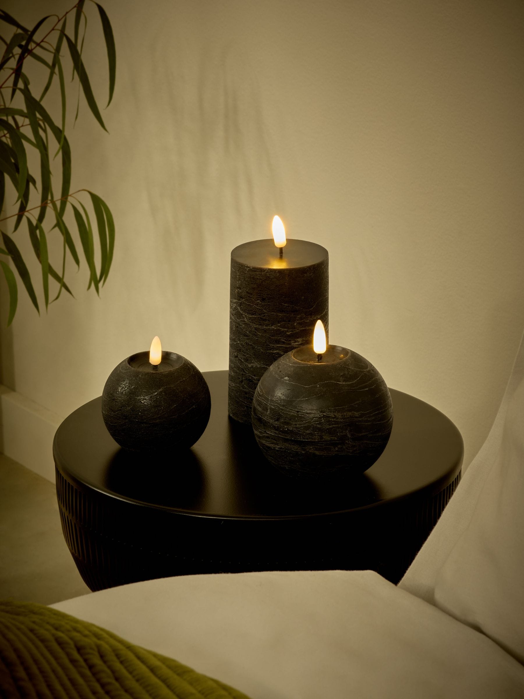 Black real wax LED candles set of three, 15cm height (British brand)
