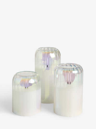 Sett med 3 uparfymerte LED-søylelys med ribbet glasskasse, 15 cm høyde