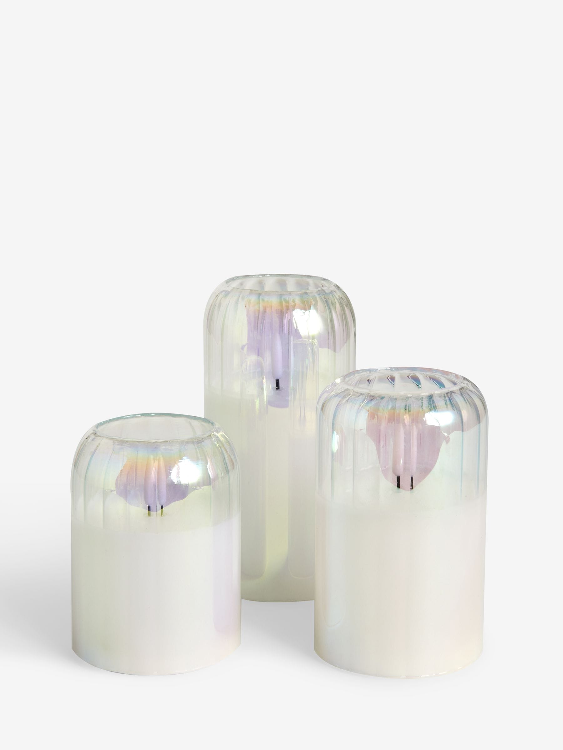 Set of 3 unscented LED pillar candles with glass ribbed cases, 15cm height, UK version