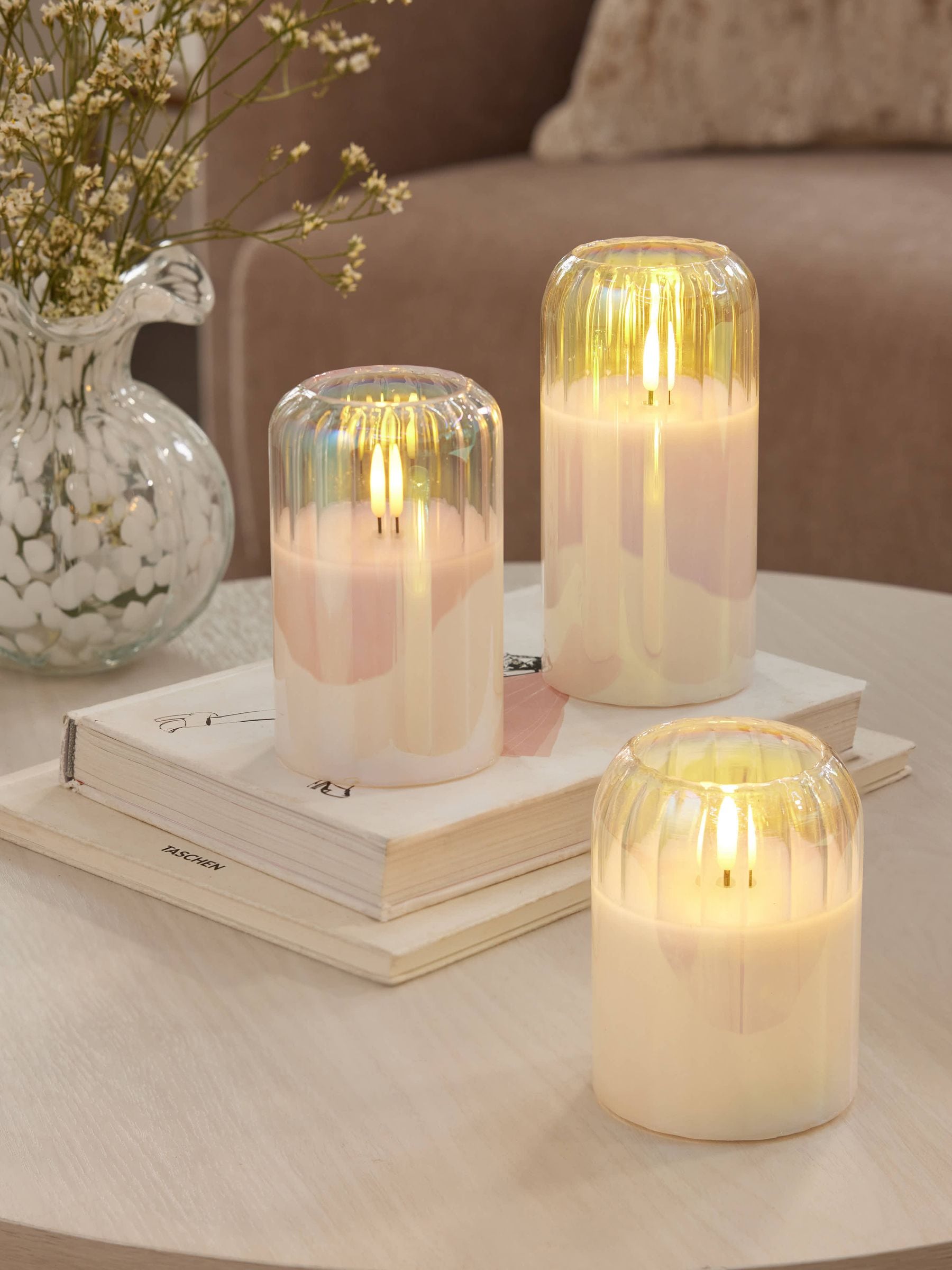 Iridescent Glass Ribbed LED Set of 3 Unscented Pillar Candle
