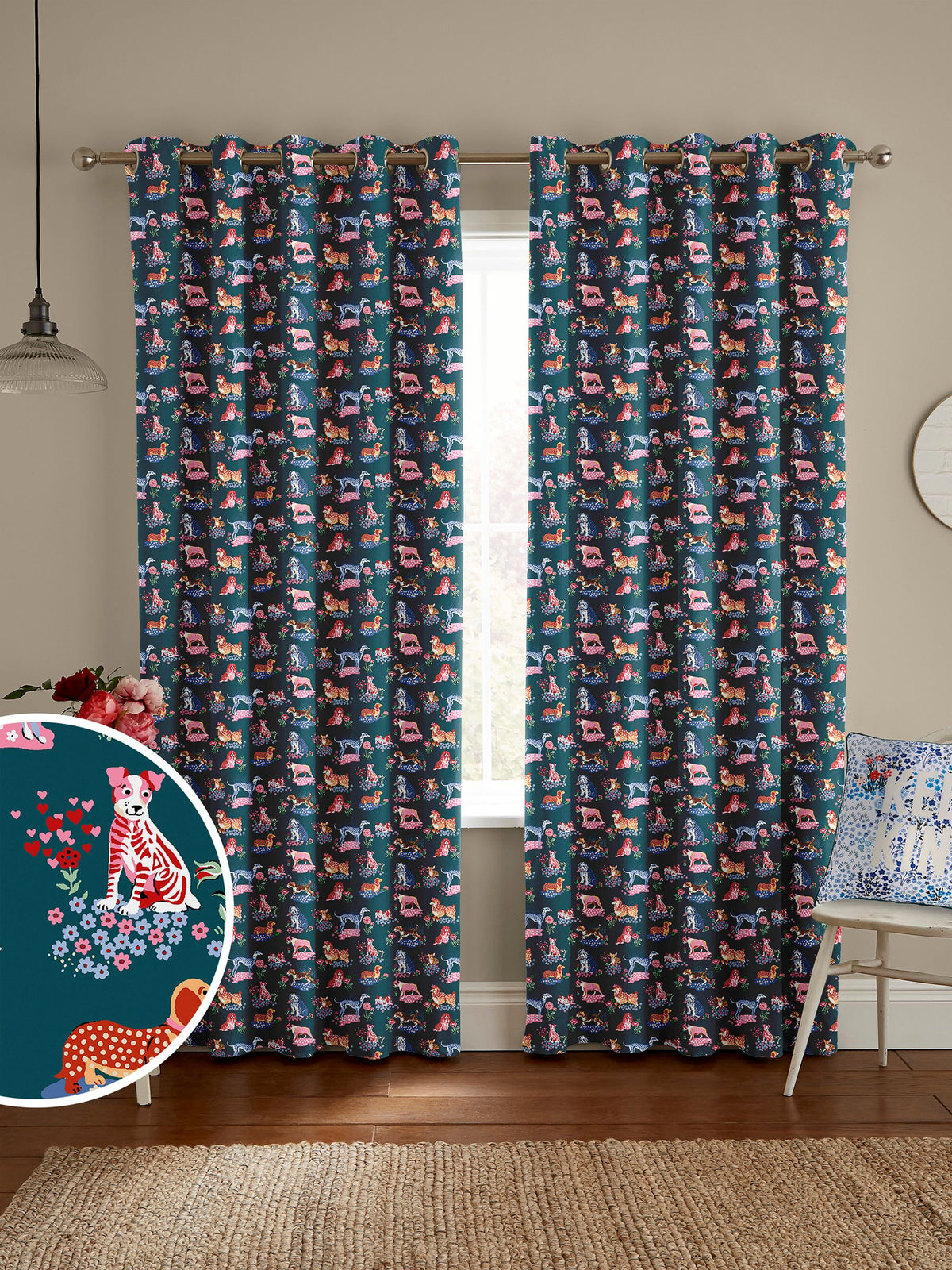 Cath Kidston teal green puppy fields made to measure curtains, UK version