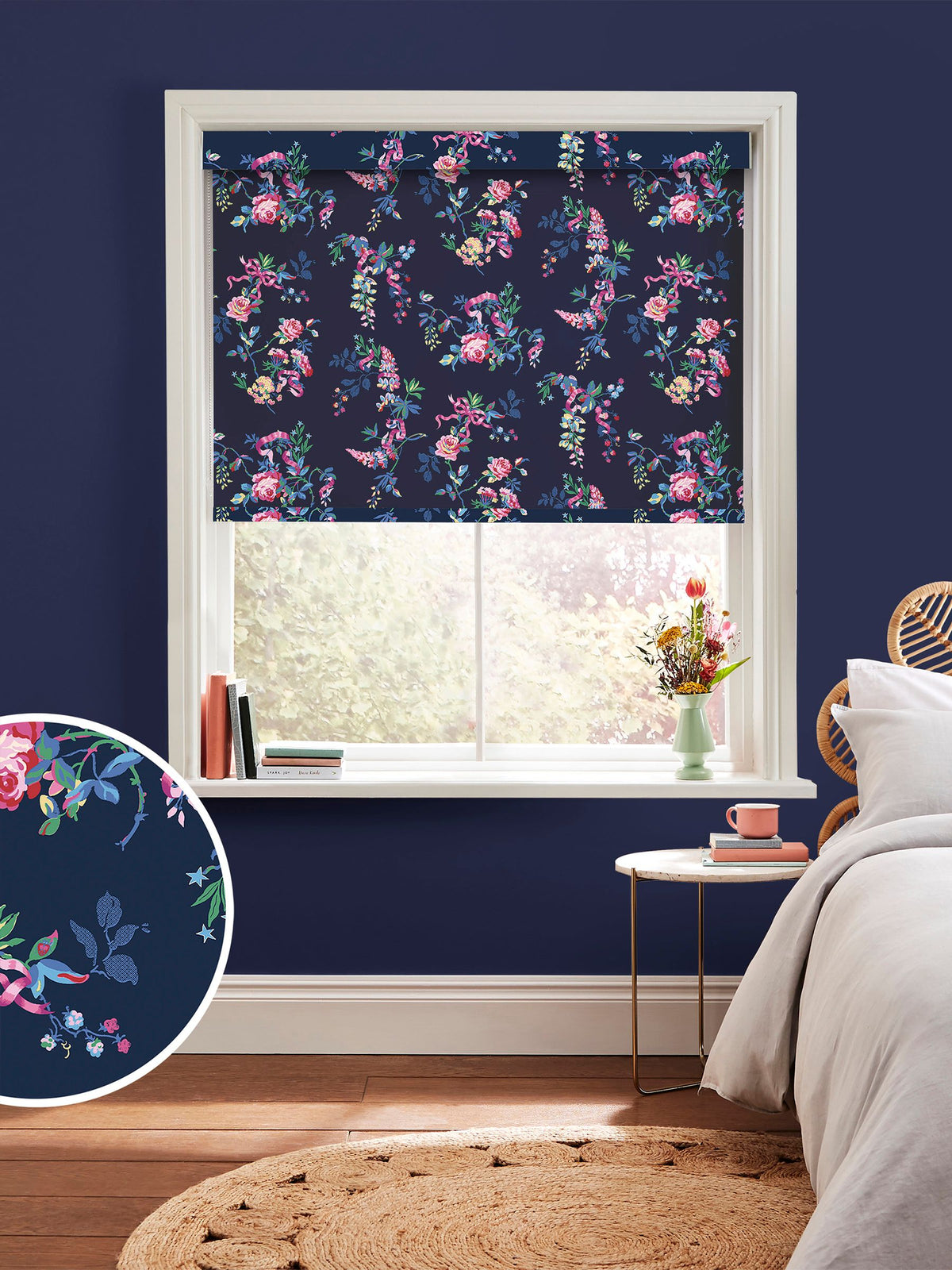 Cath Kidston navy blue Ribbon Roses roller blind (British brand)