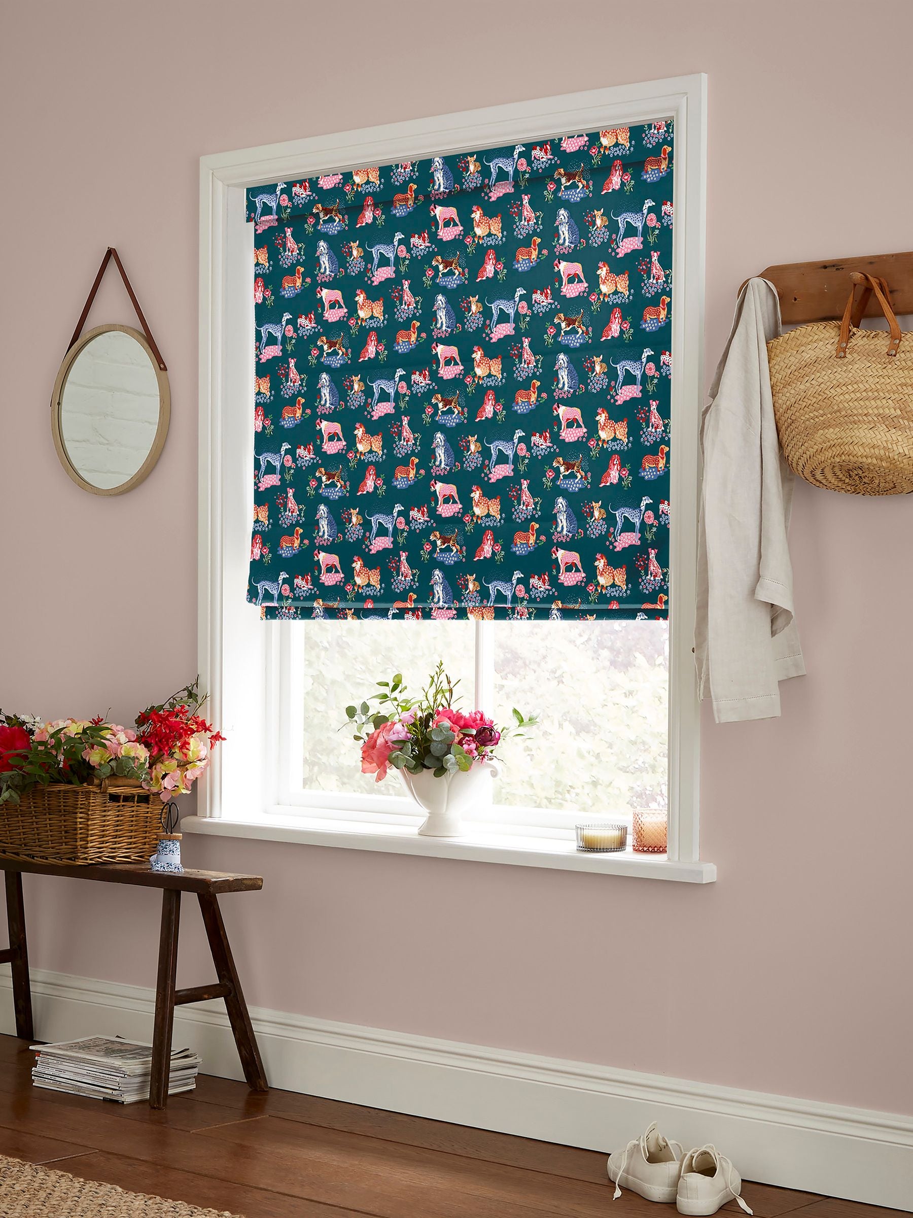 Cath Kidston Roman Blind Teal Blue Puppy Fields, imported from the UK