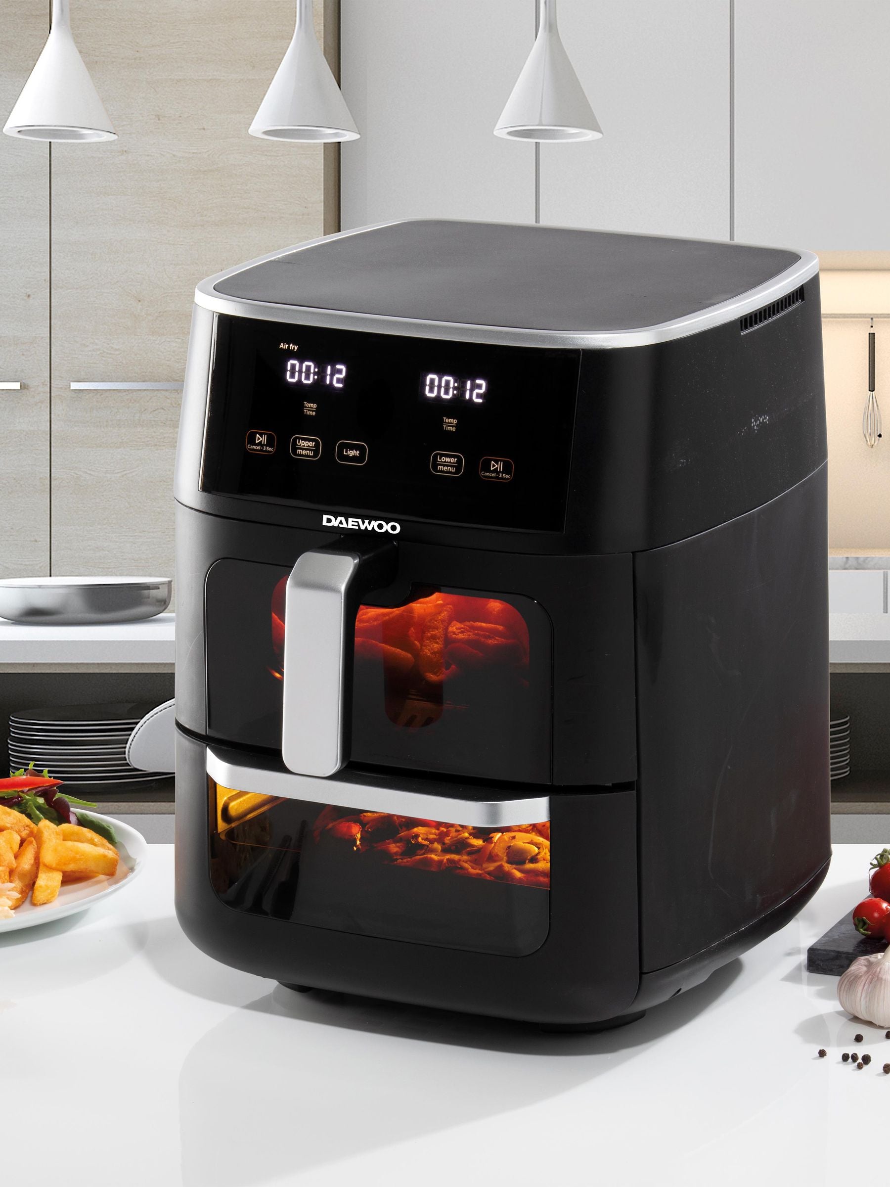 Daewoo black space-saving split drawer air fryer 11L, UK version