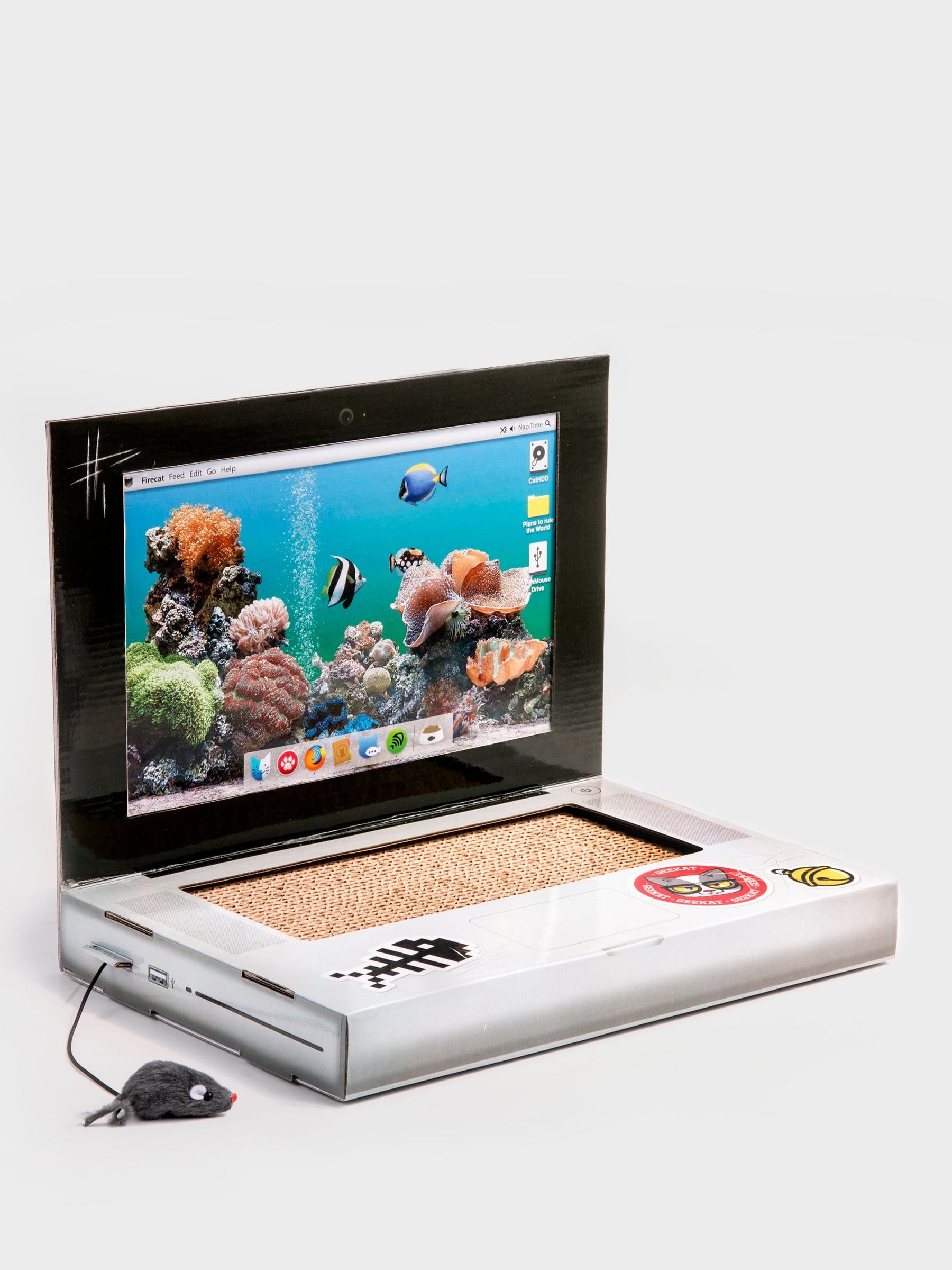 Suck UK grey cat scratch laptop toy with mouse, UK version