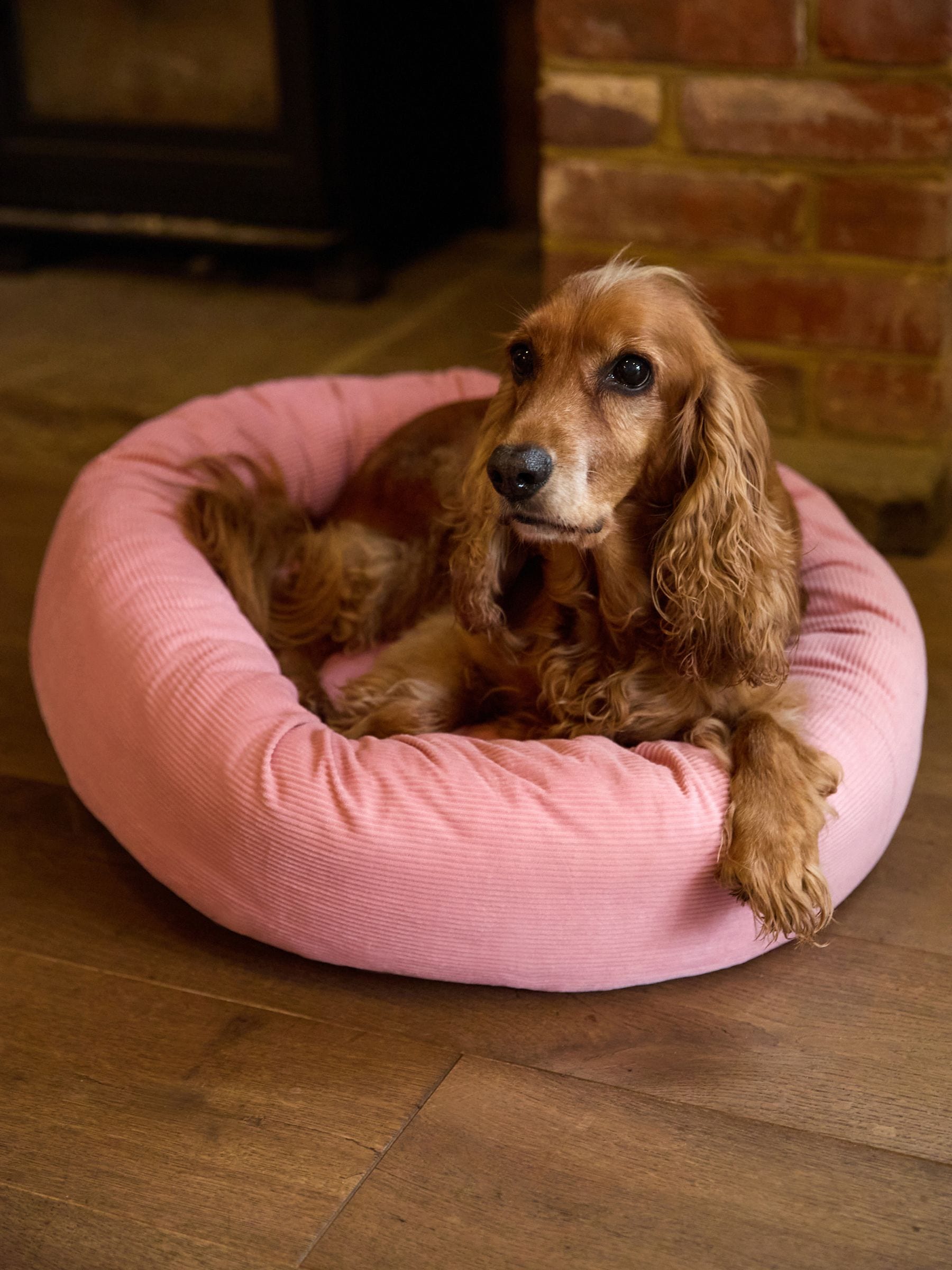 Pink corduroy round pet bed for small dogs and cats - British product