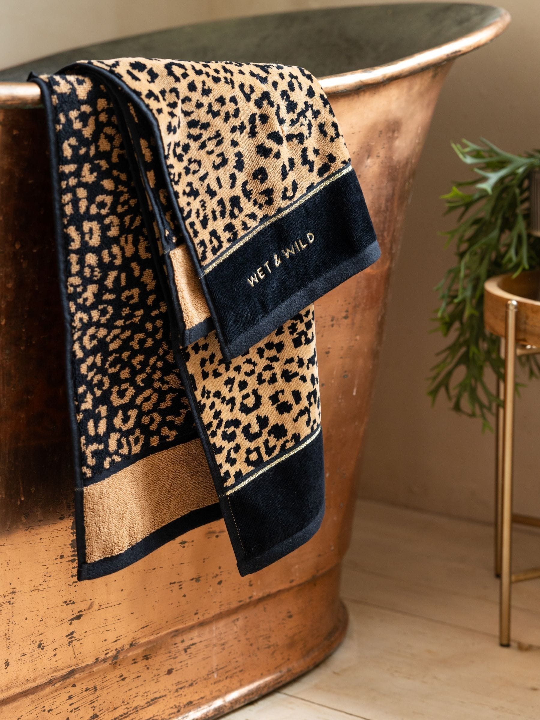 Rockett St George leopard print velour towel with Wet & Wild slogan, UK version