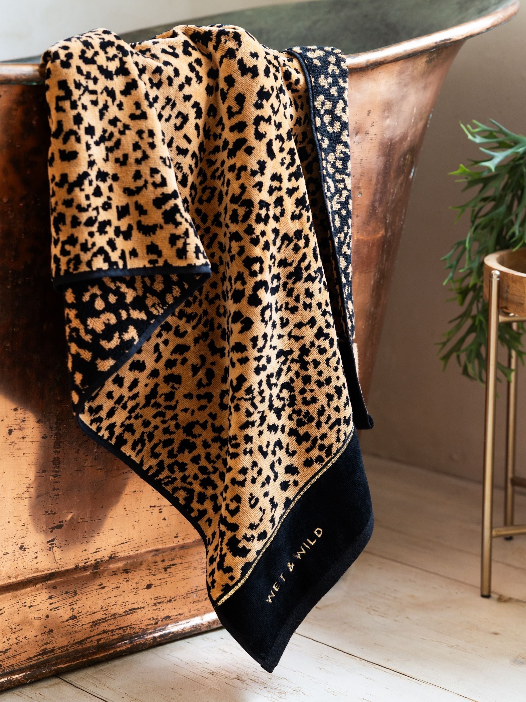 Rockett St George leopard print velour towel with Wet & Wild slogan, UK version