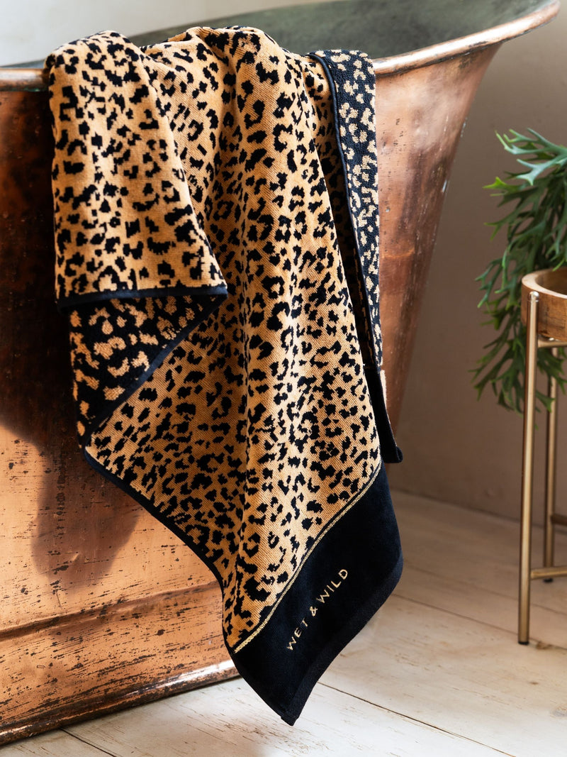 Rockett St George leopard print velour towel with Wet & Wild slogan, UK version