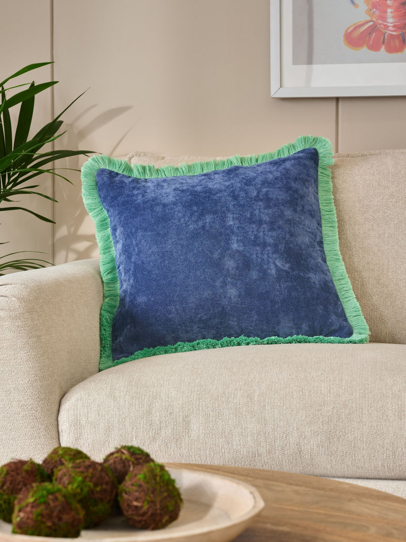 Stone Natural Soft Velour Contrast Fringe Cushion, 45 x 45cm