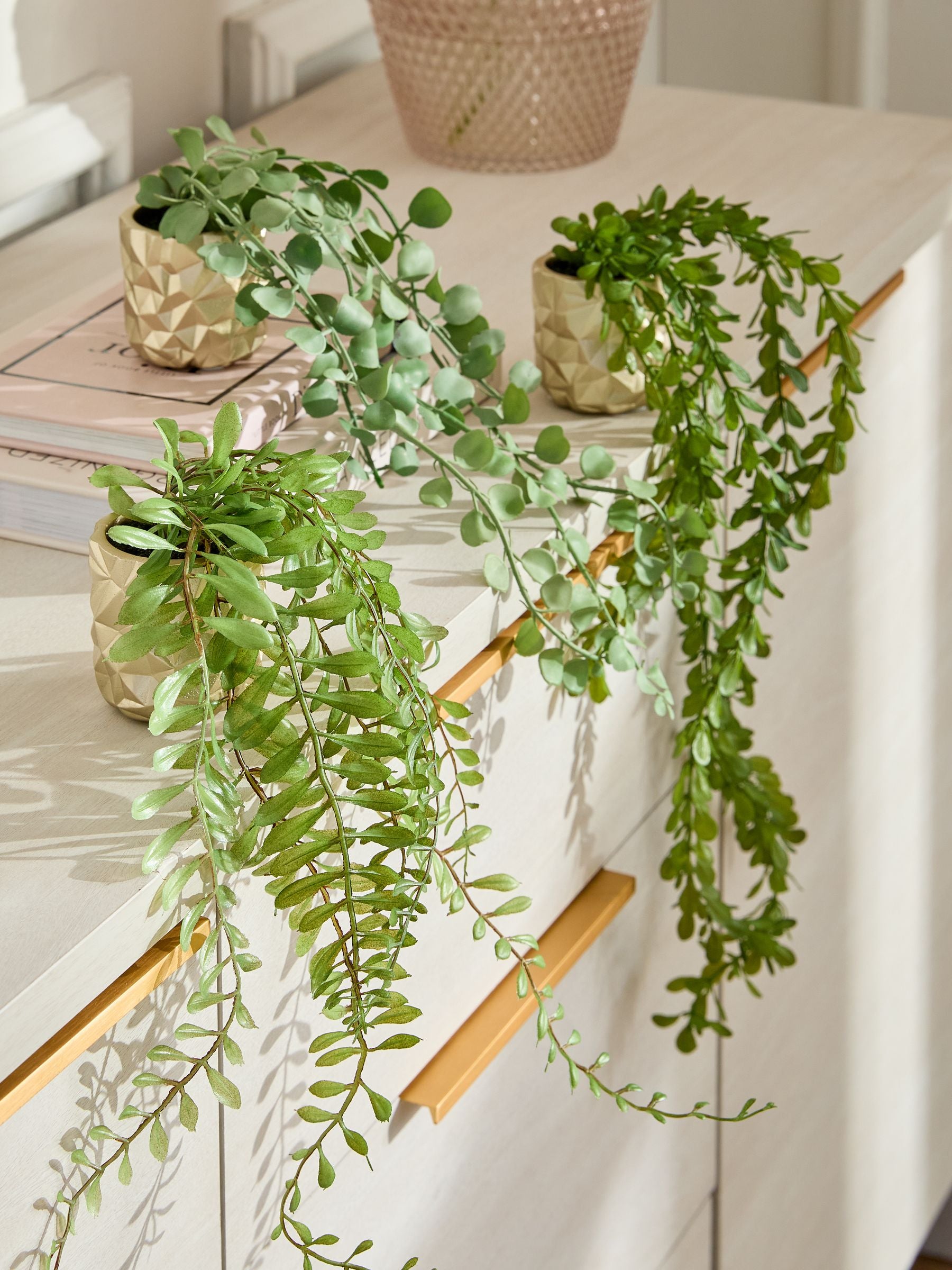 Green Artificial Trailing Plants In Mini Gold Hex Pots