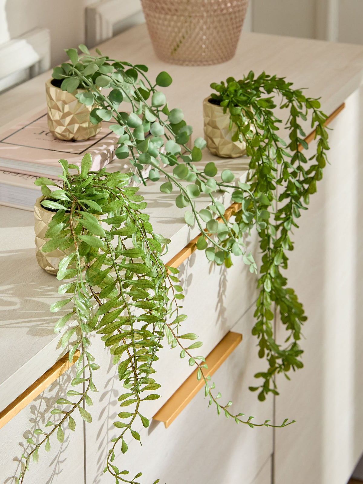 Green Artificial Trailing Plants In Mini Gold Hex Pots