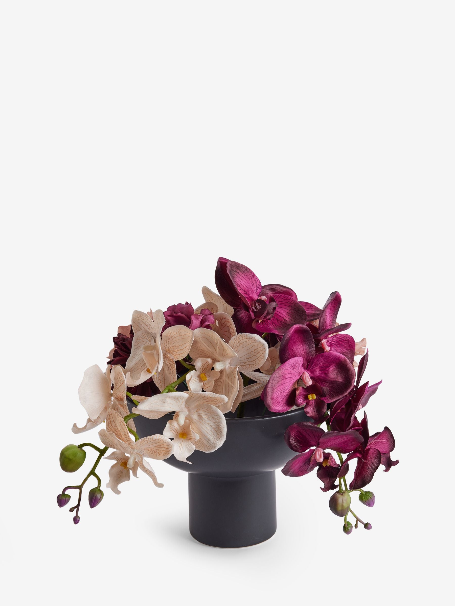 Purple artificial orchid in black contemporary vase 50cm, imported from the UK