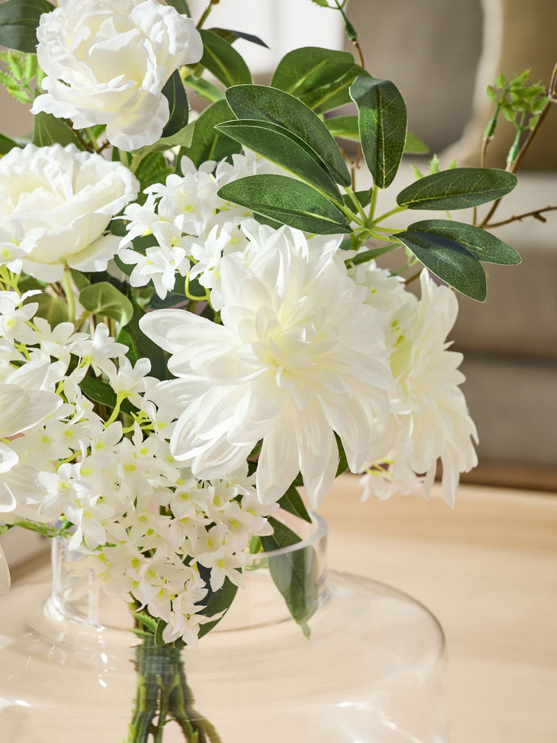 White artificial floral arrangement in glass vase - British product
