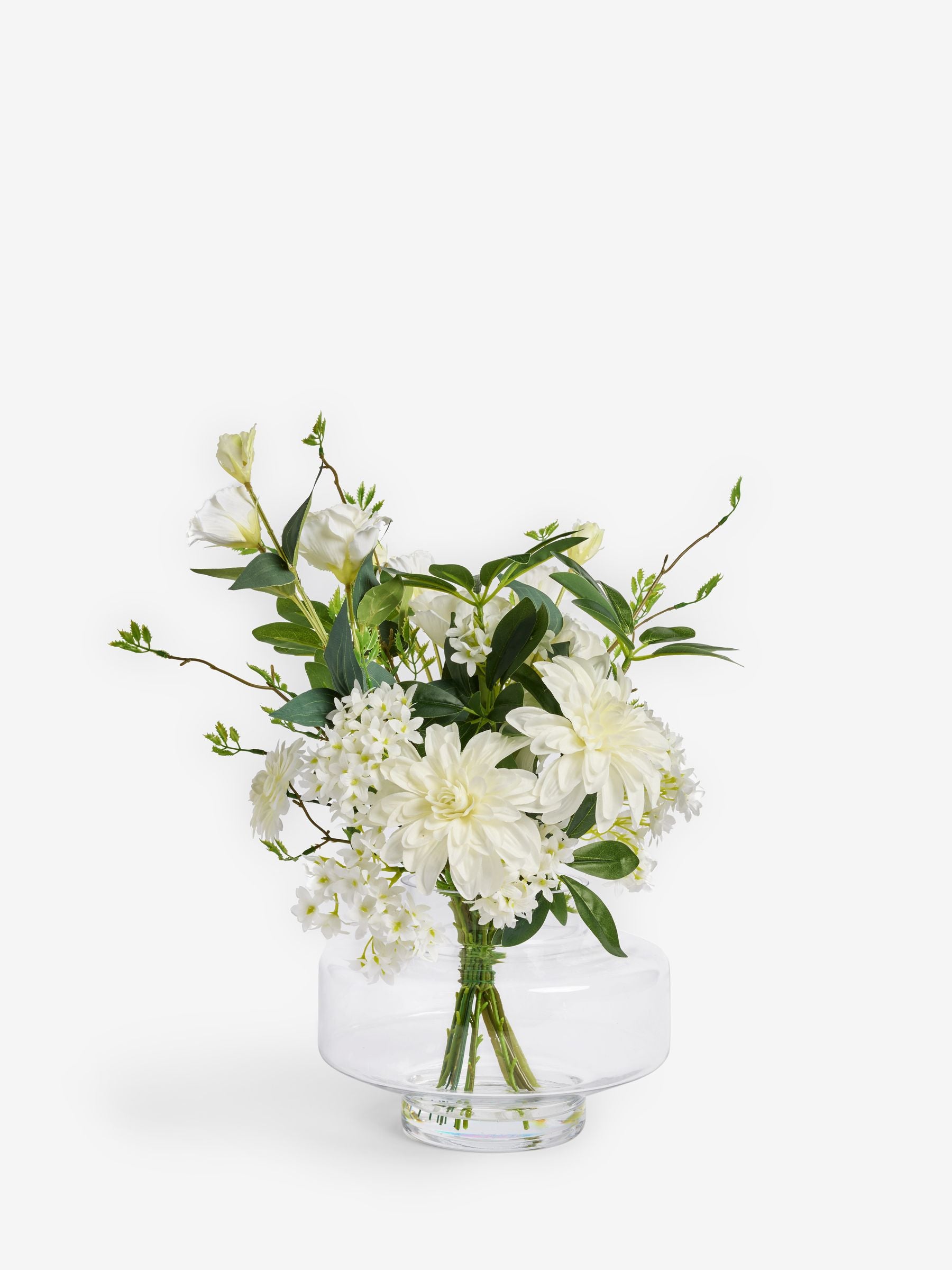 White artificial floral arrangement in glass vase - British product