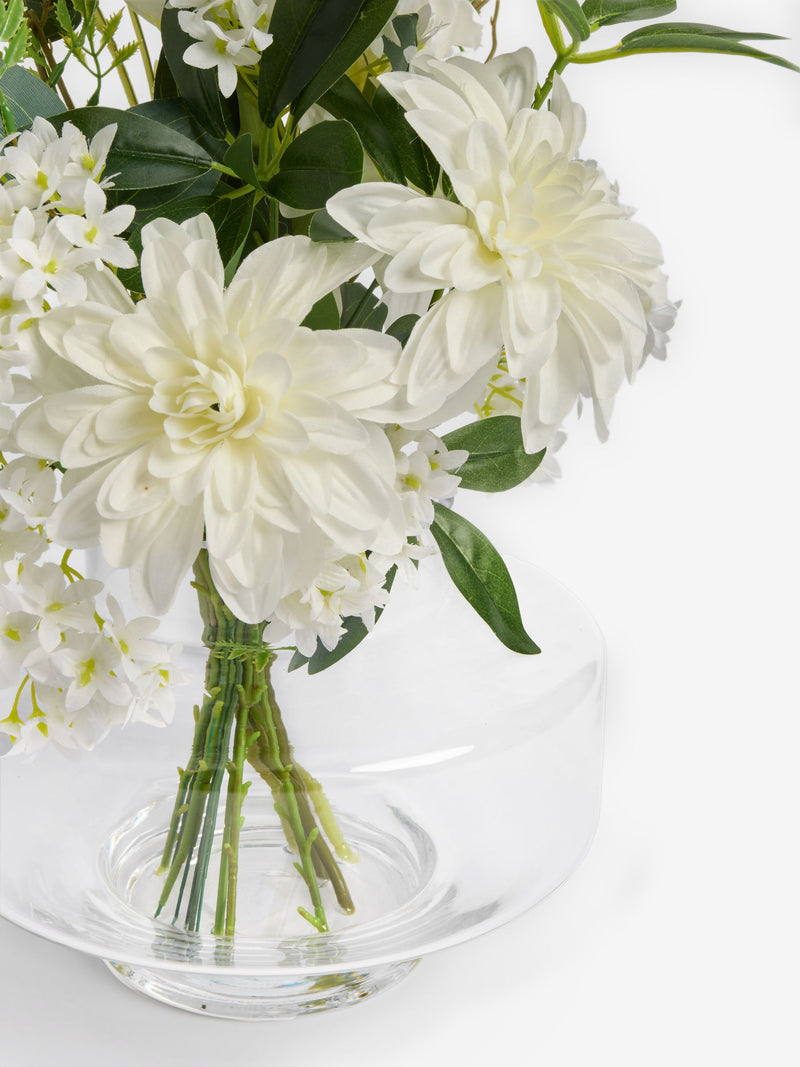 White artificial floral arrangement in glass vase - British product