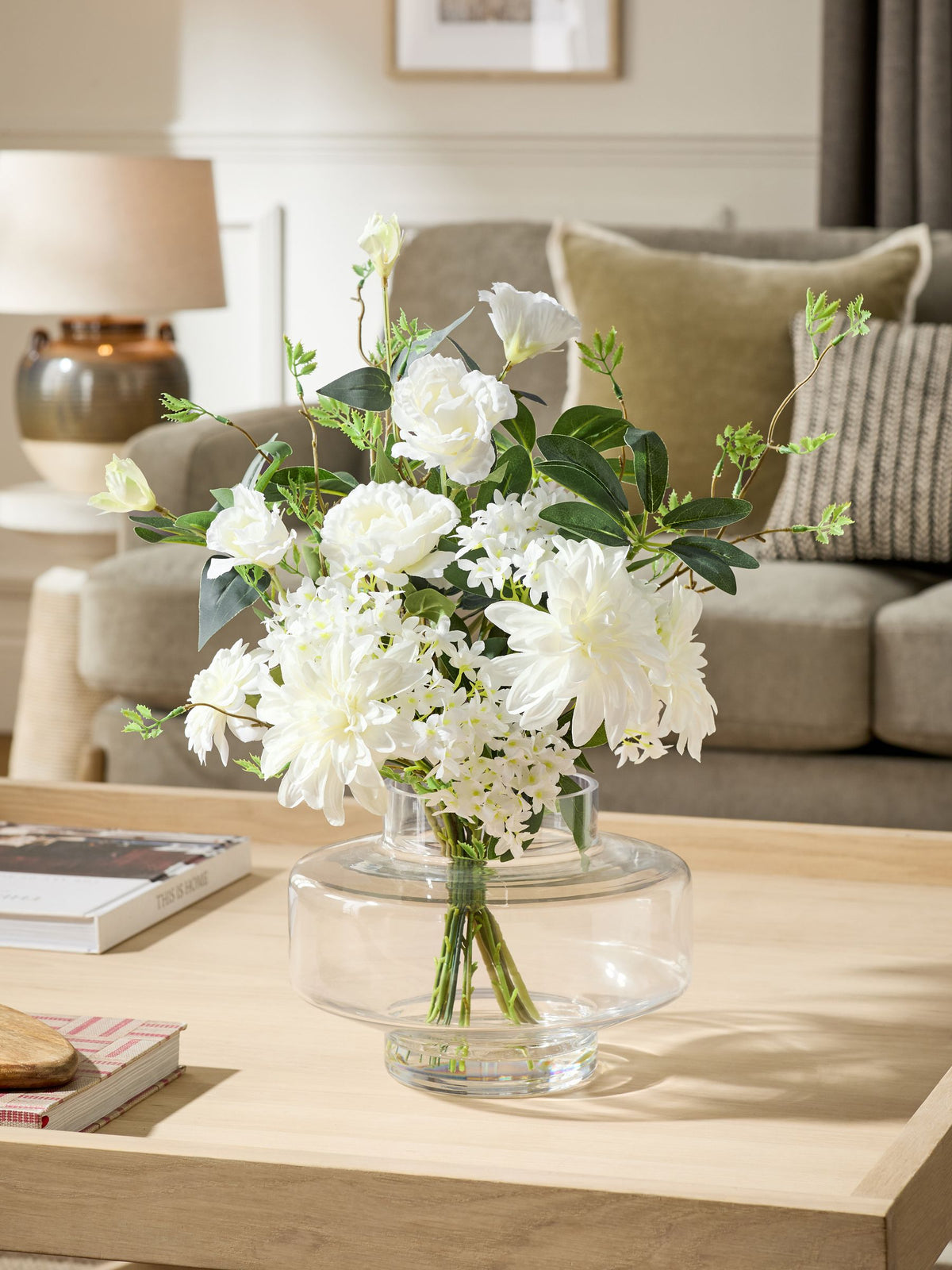 White artificial floral arrangement in glass vase - British product