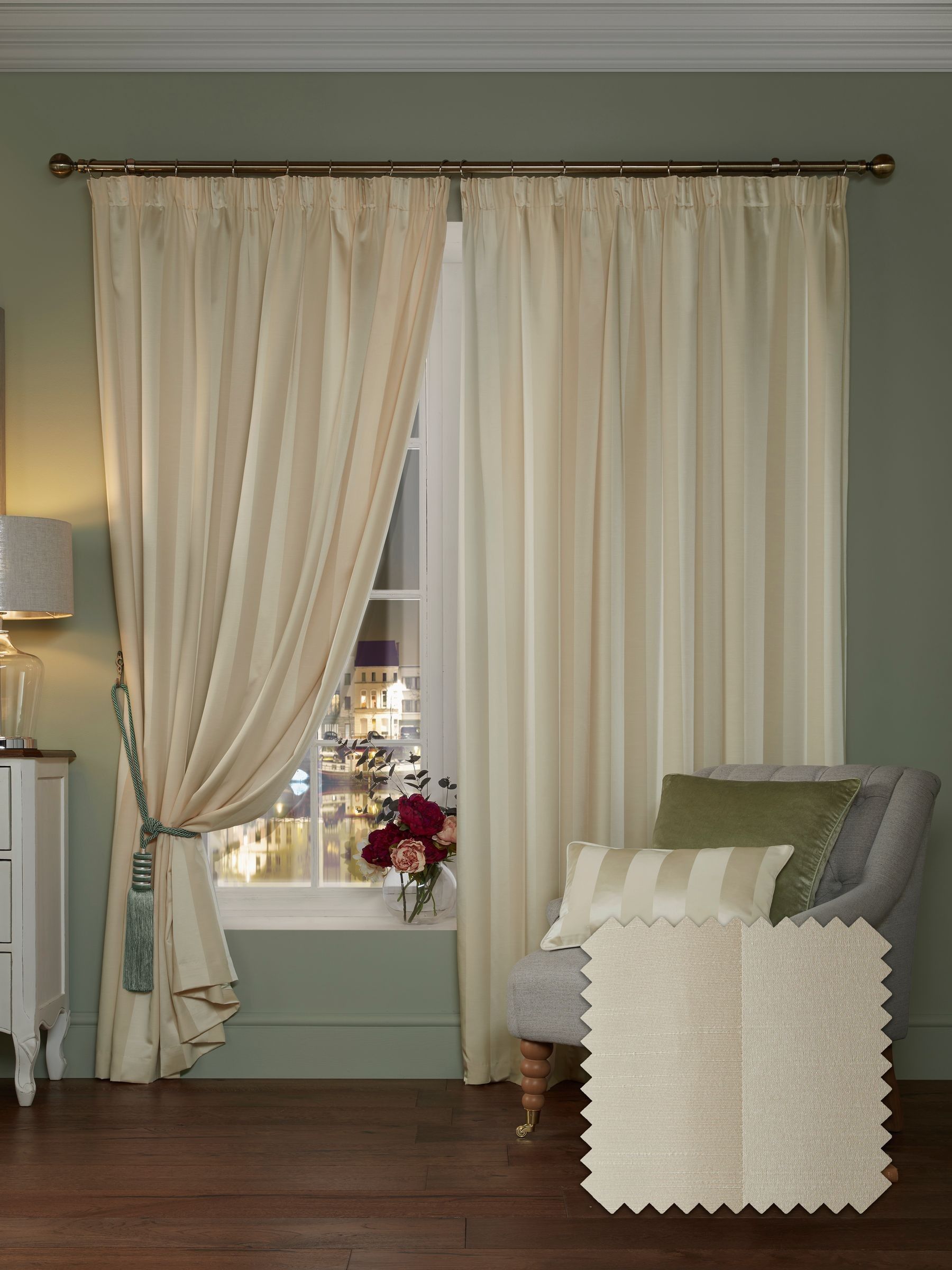 Laura Ashley cream oyster Lille stripe headertape curtains - British product