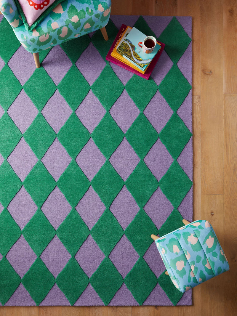 Eleanor Bowmer green purple Harlequin Diamond tufted rug, imported from the UK