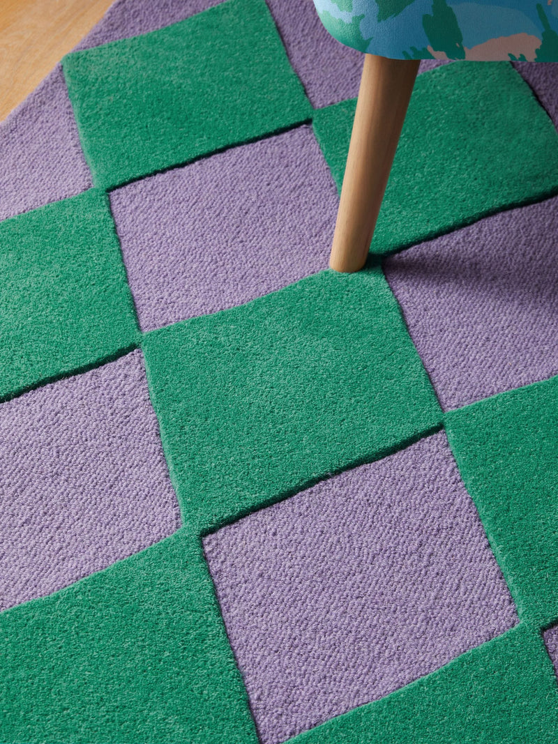 Eleanor Bowmer green purple Harlequin Diamond tufted rug, imported from the UK