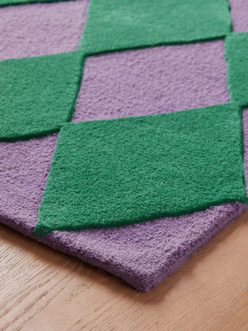 Eleanor Bowmer green purple Harlequin Diamond tufted rug, imported from the UK