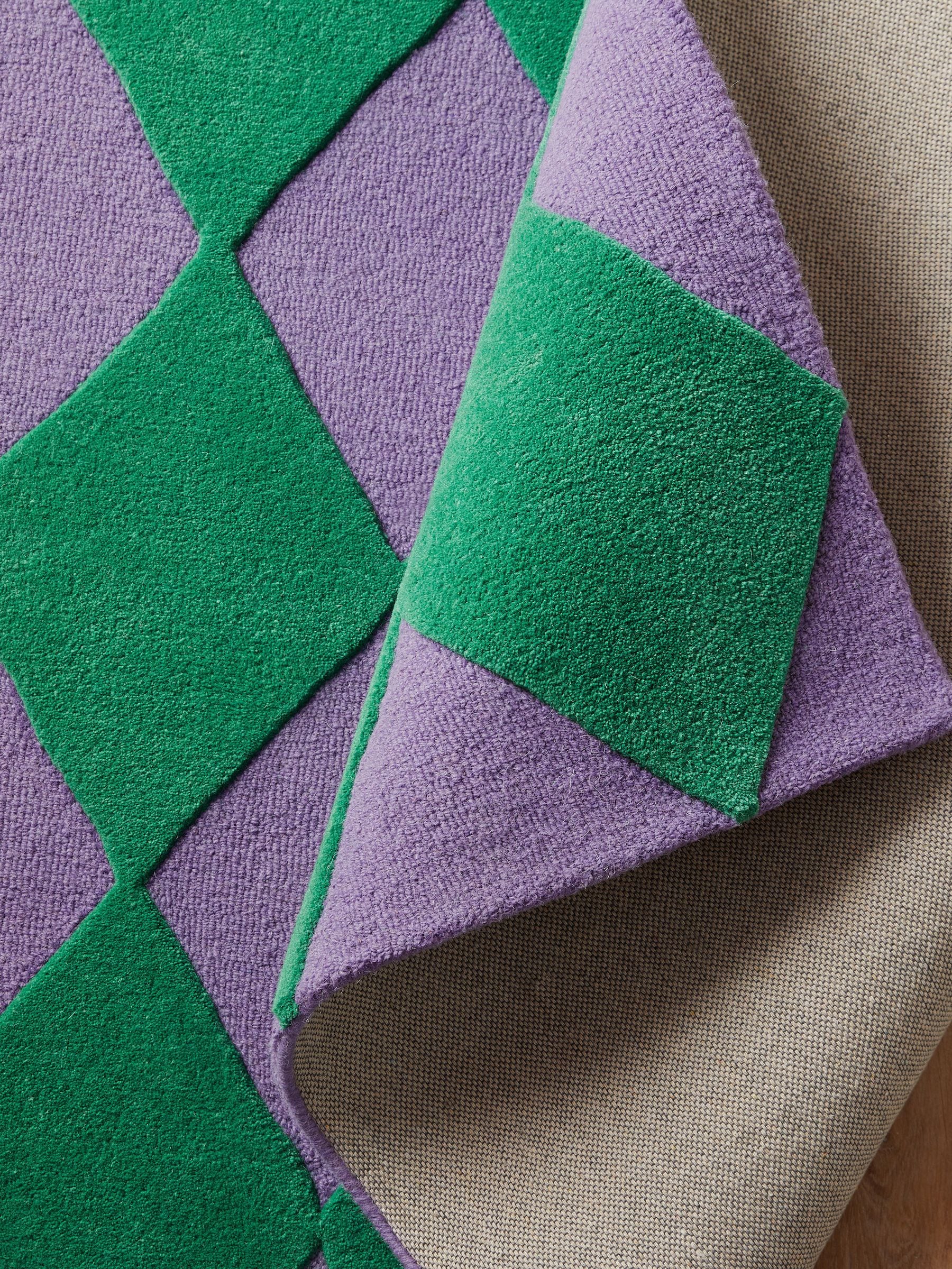 Eleanor Bowmer green purple Harlequin Diamond tufted rug, imported from the UK