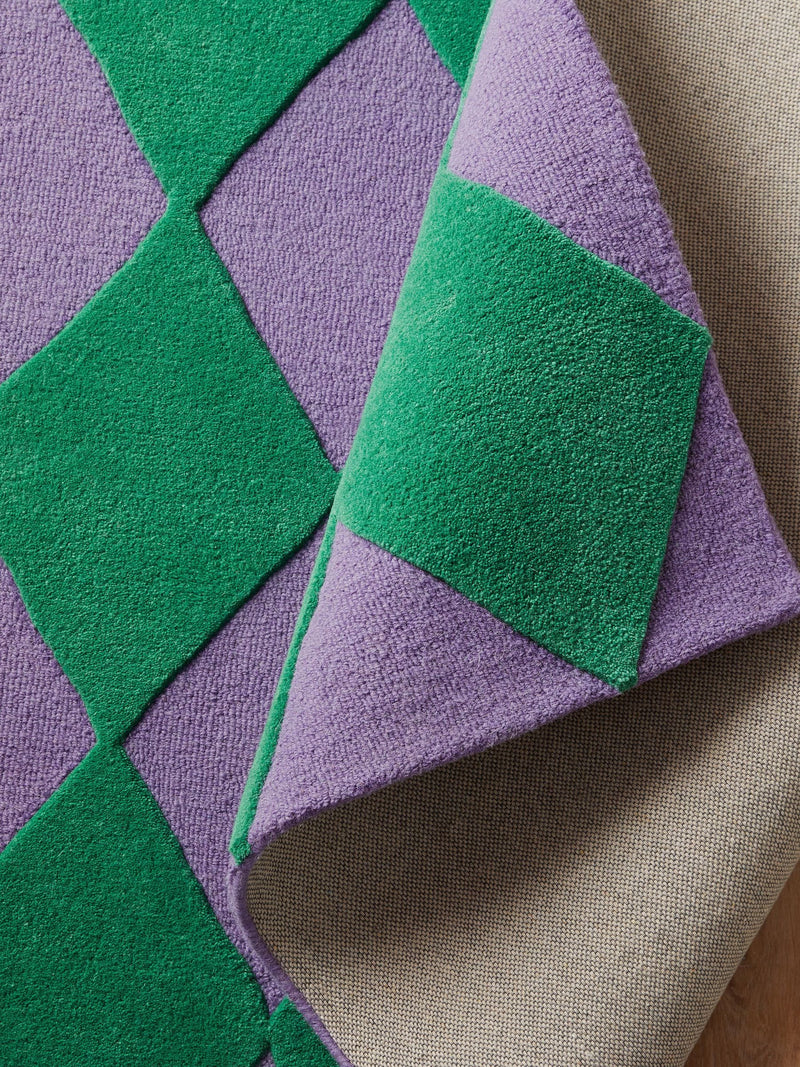 Eleanor Bowmer green purple Harlequin Diamond tufted rug, imported from the UK