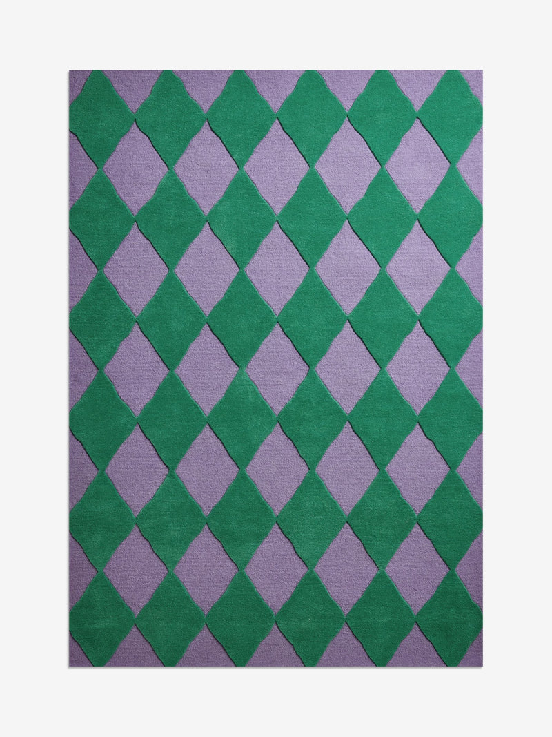 Eleanor Bowmer green purple Harlequin Diamond tufted rug, imported from the UK