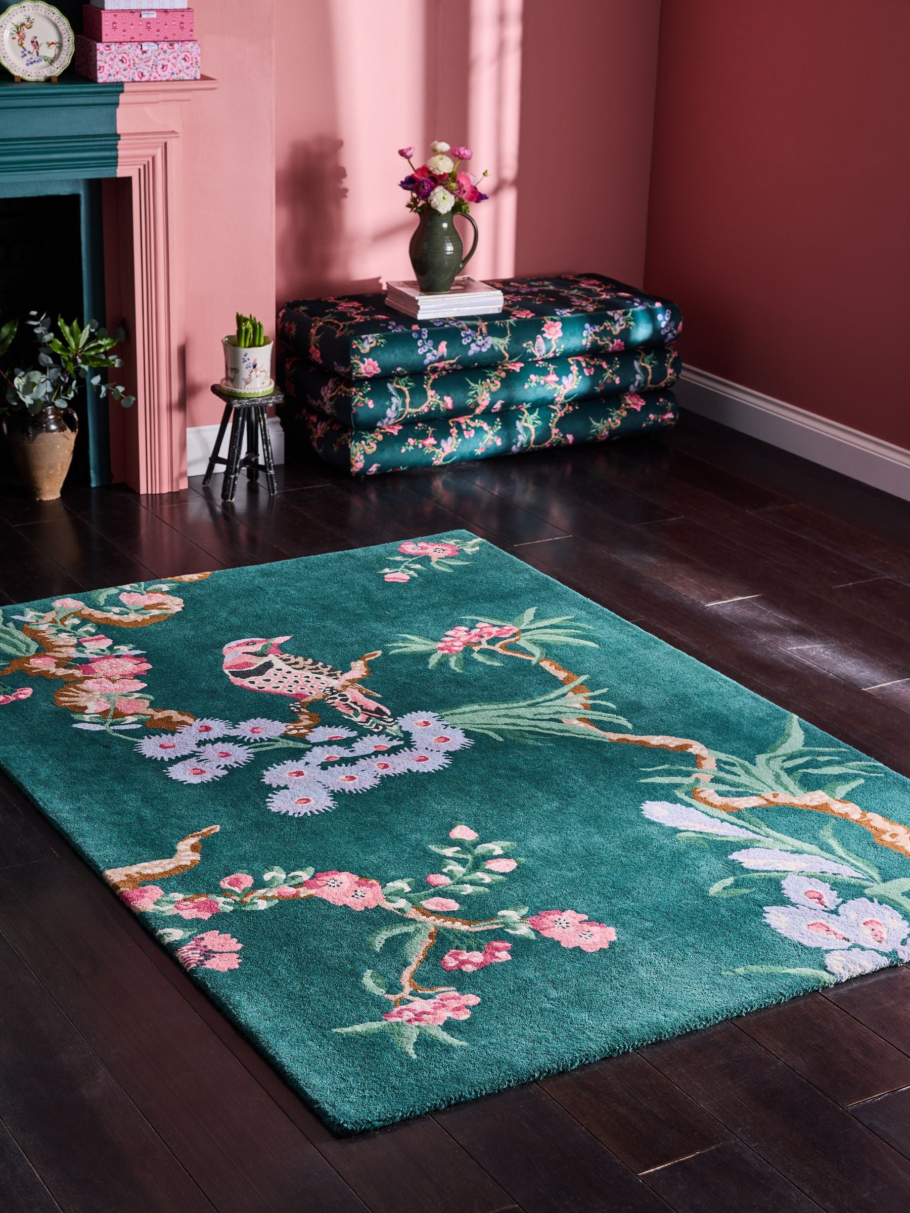 Cath Kidston teal birds and berries wool tufted rug, imported from the UK