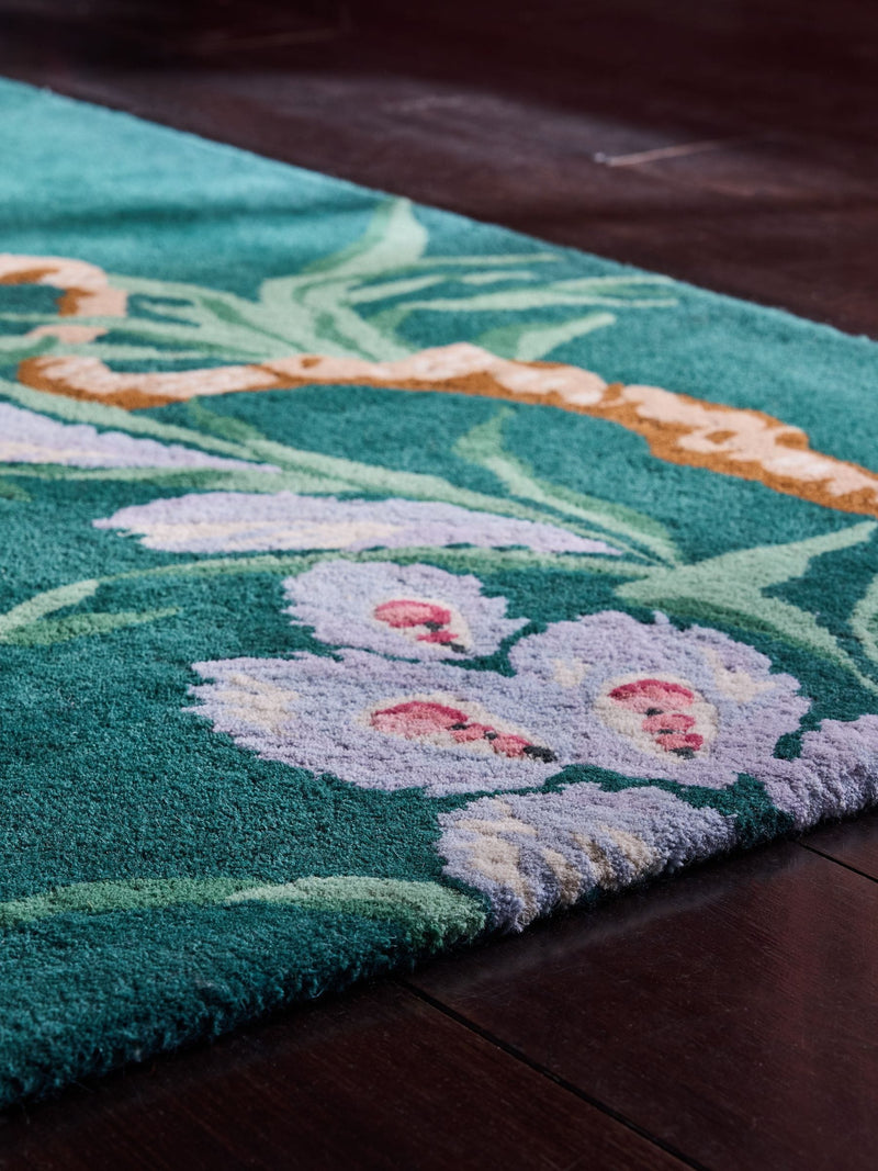 Cath Kidston teal birds and berries wool tufted rug, imported from the UK