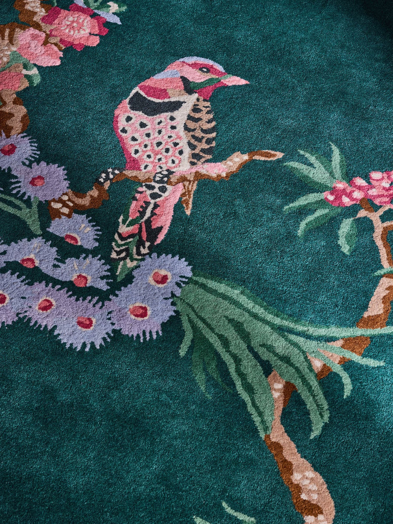Cath Kidston teal birds and berries wool tufted rug, imported from the UK