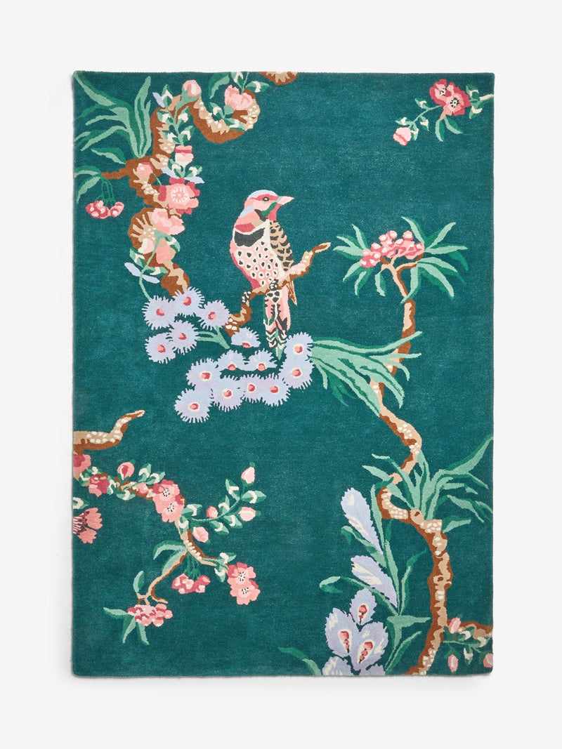 Cath Kidston teal birds and berries wool tufted rug, imported from the UK