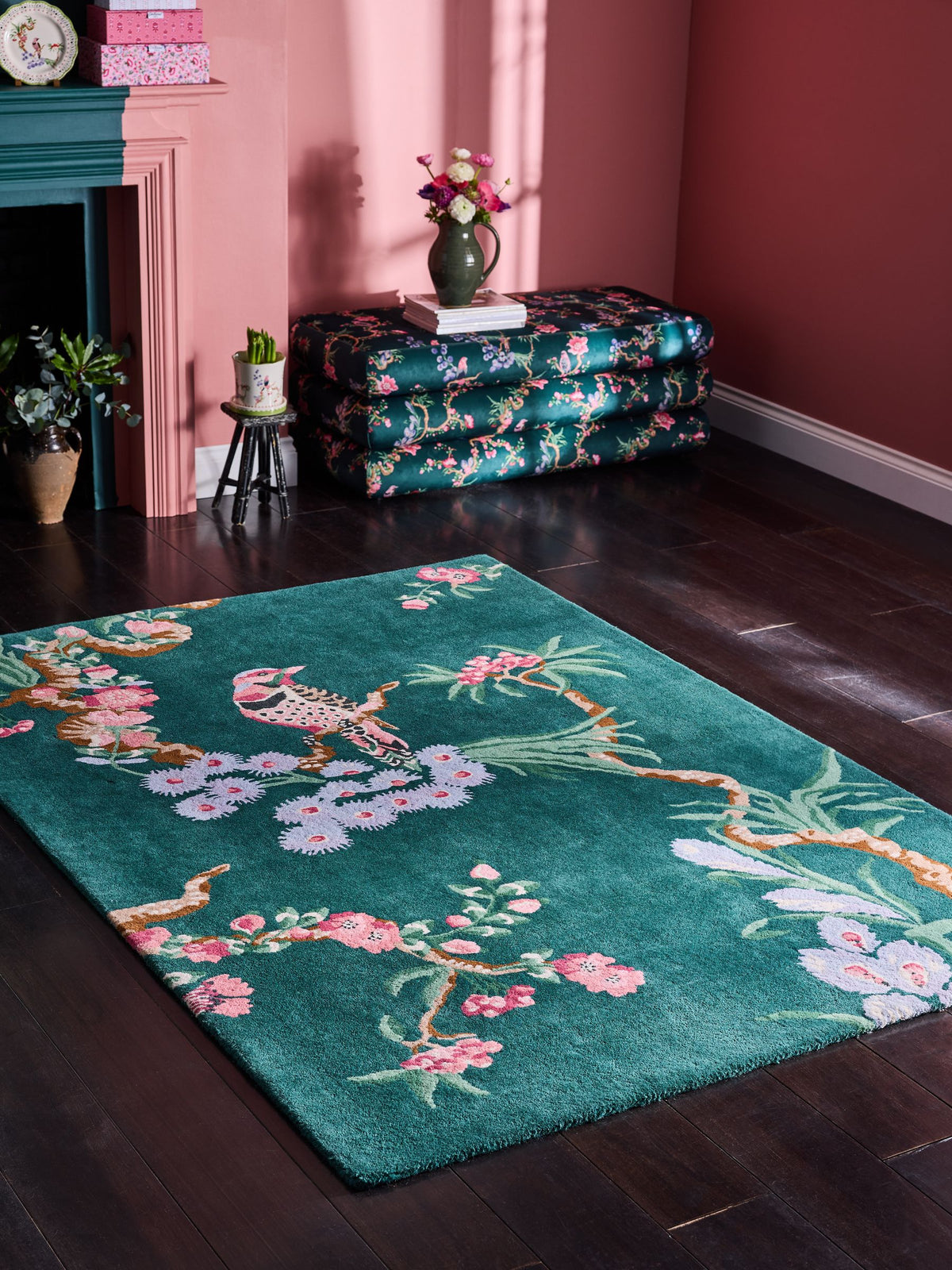 Cath Kidston teal birds and berries wool tufted rug, imported from the UK