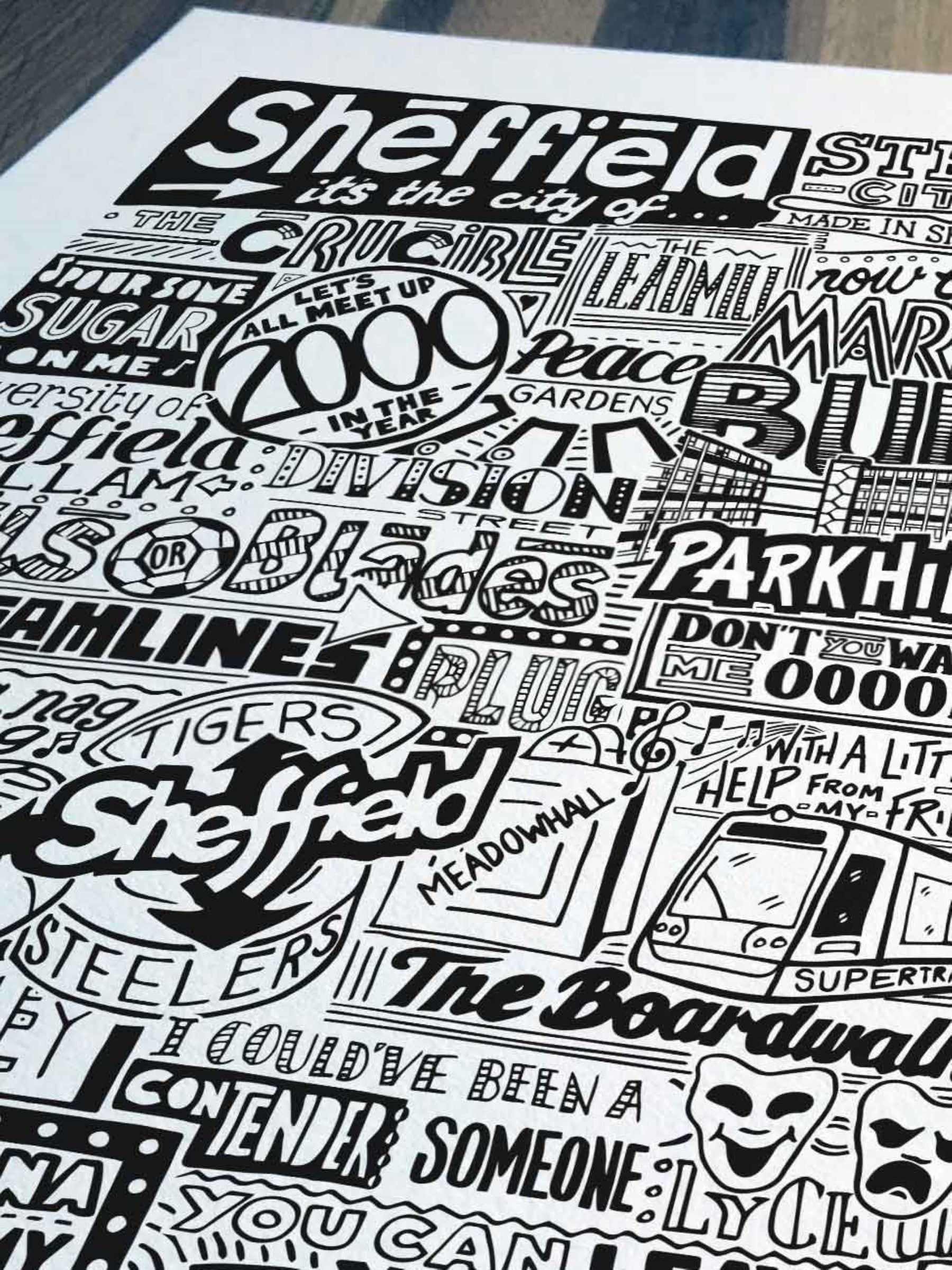 Sketchbook Design Sheffield landmarks framed art print A3 (British brand)