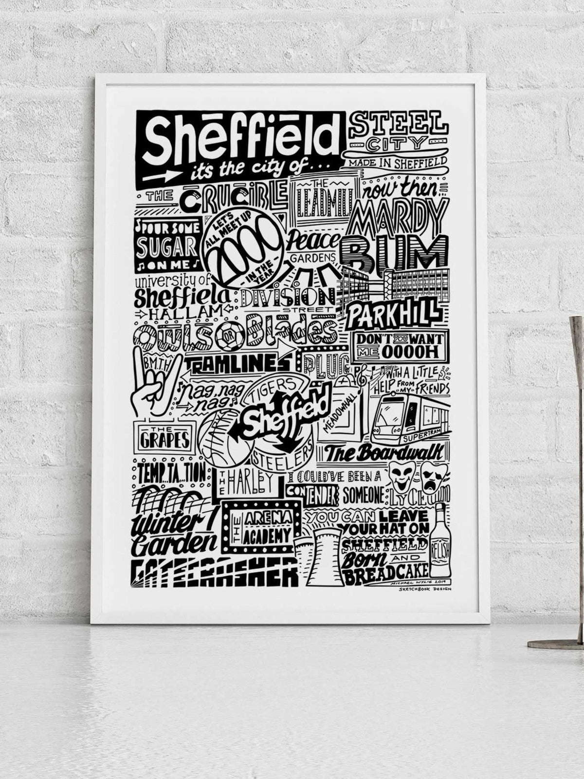 Sketchbook Design Sheffield landmarks framed art print A3 (British brand)