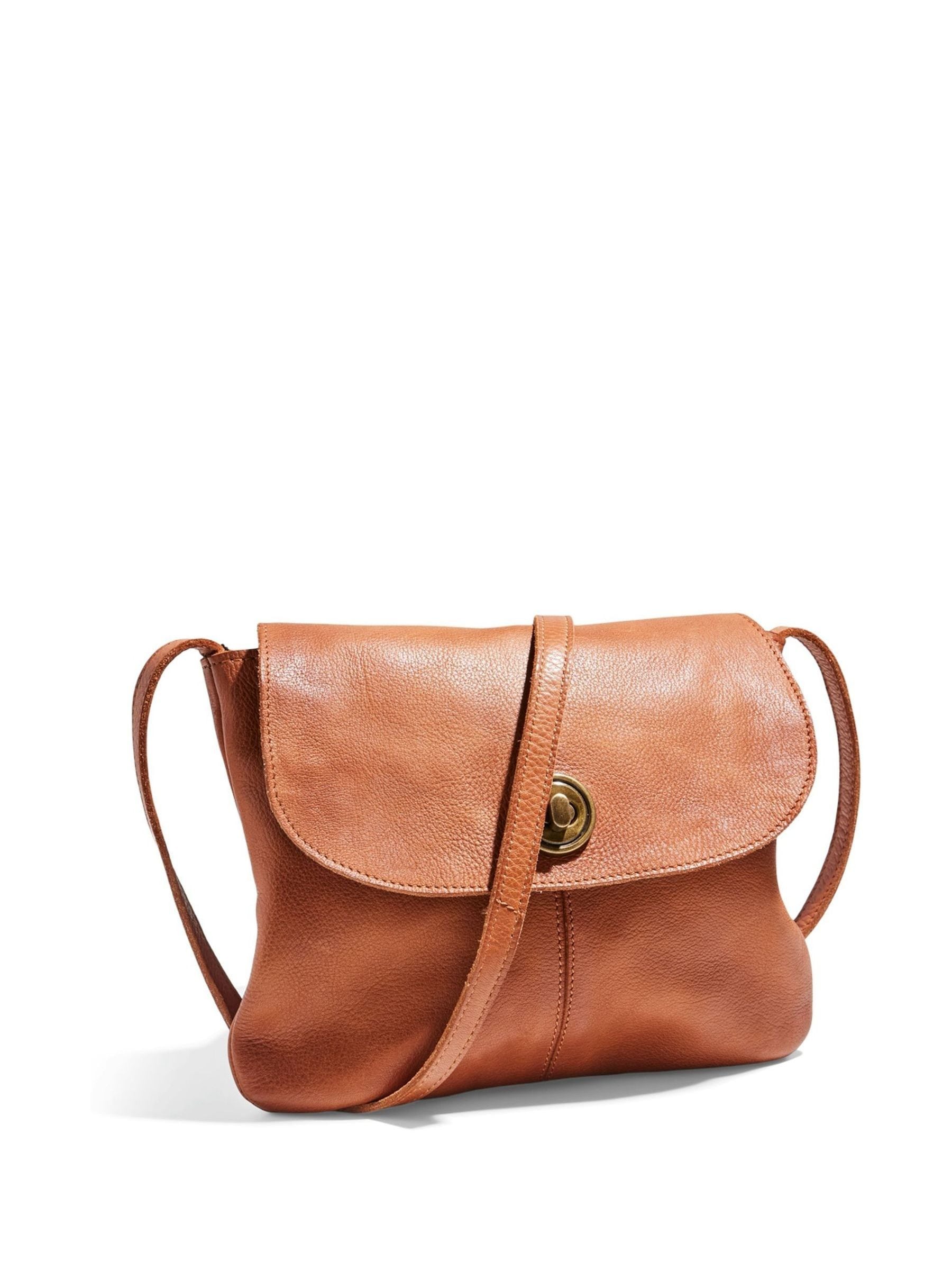 PIECES brown leather cross-over bag with fold-over flap, UK version