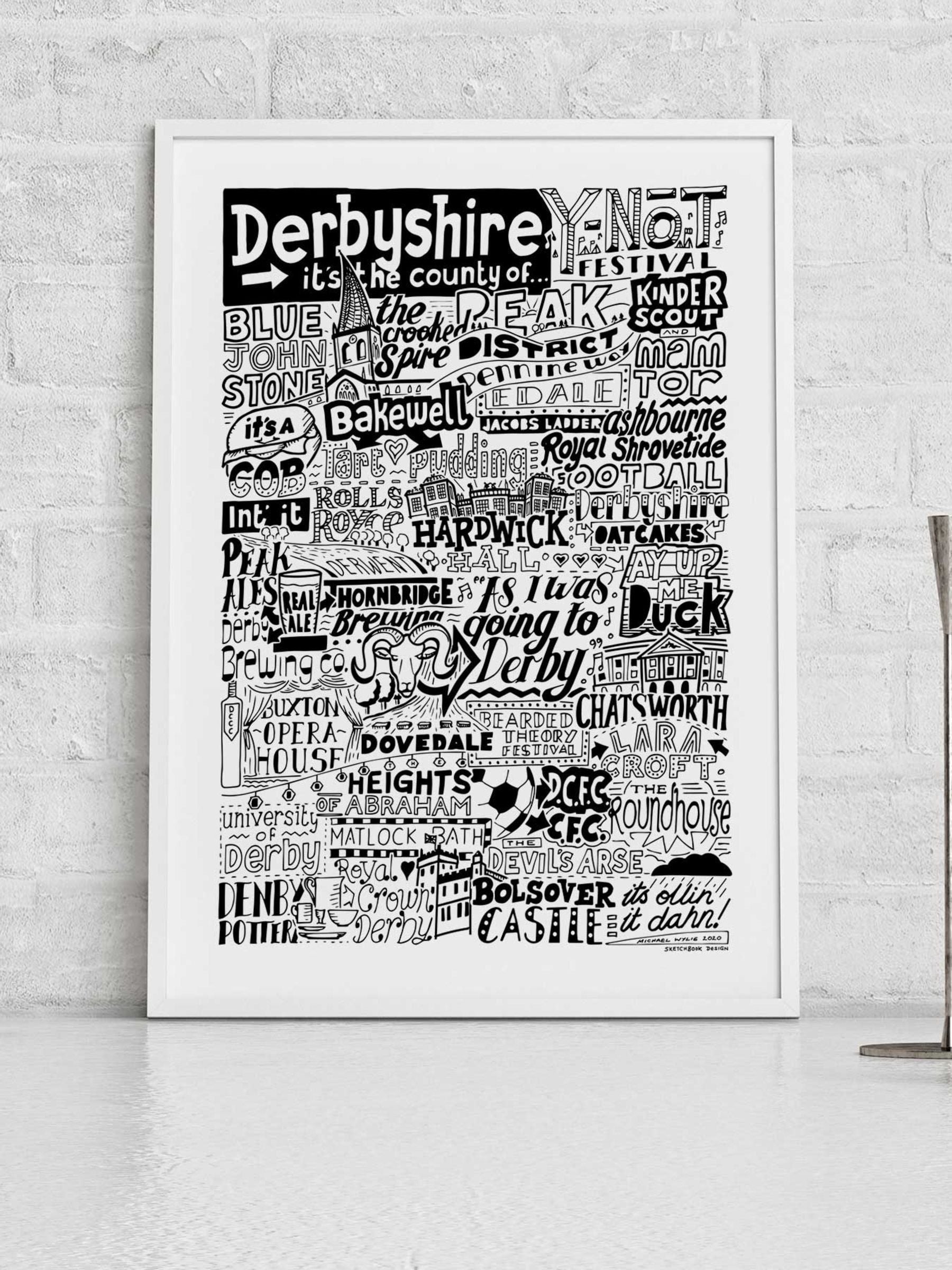 Sketchbook Design Derbyshire landmarks framed print A3 (British brand)
