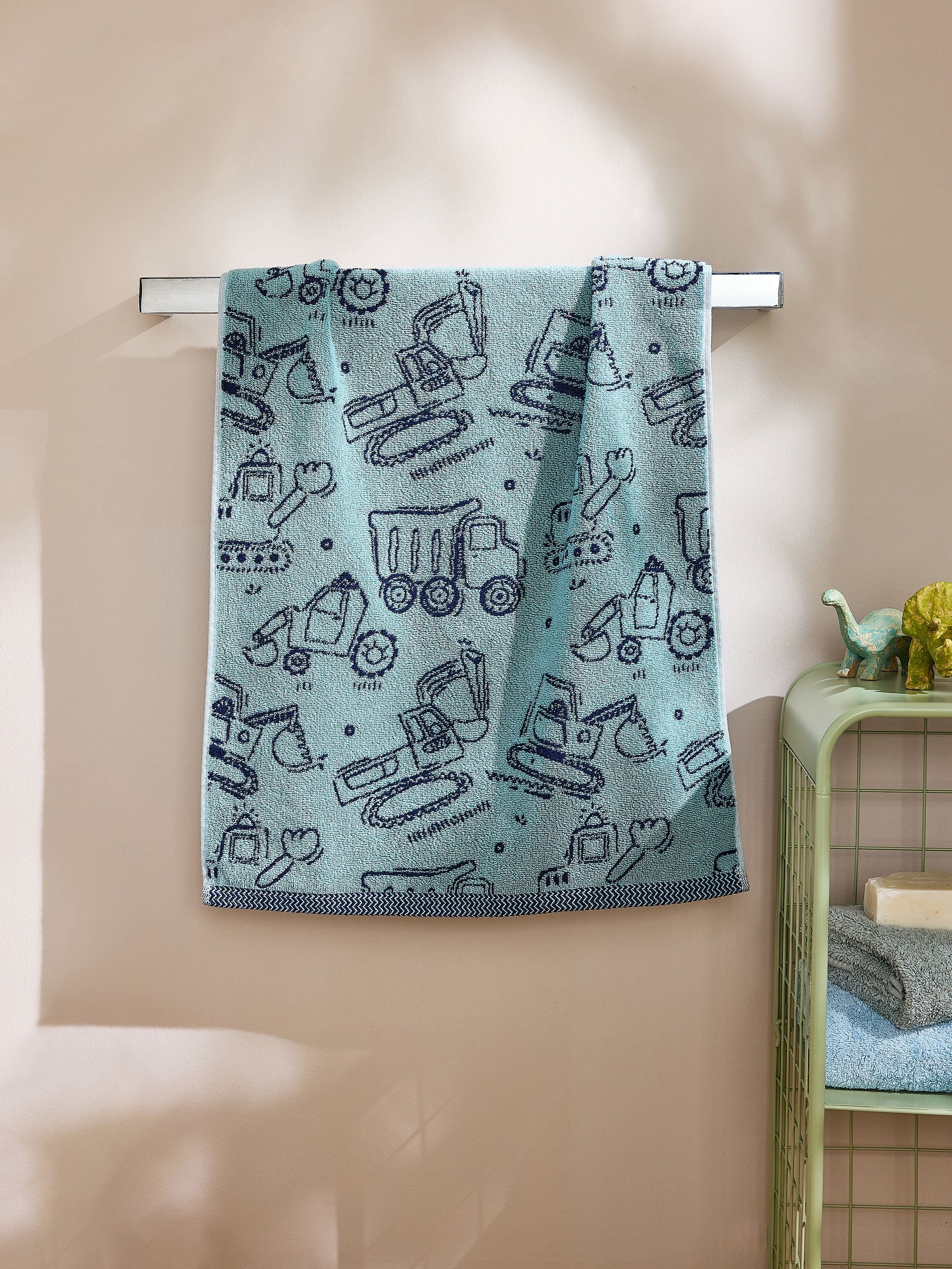 Blue Kids cotton towels blue digger print (British brand)