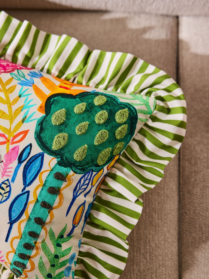 Lucy Tiffney green run rabbit embroidered ruffle cushion (British brand)