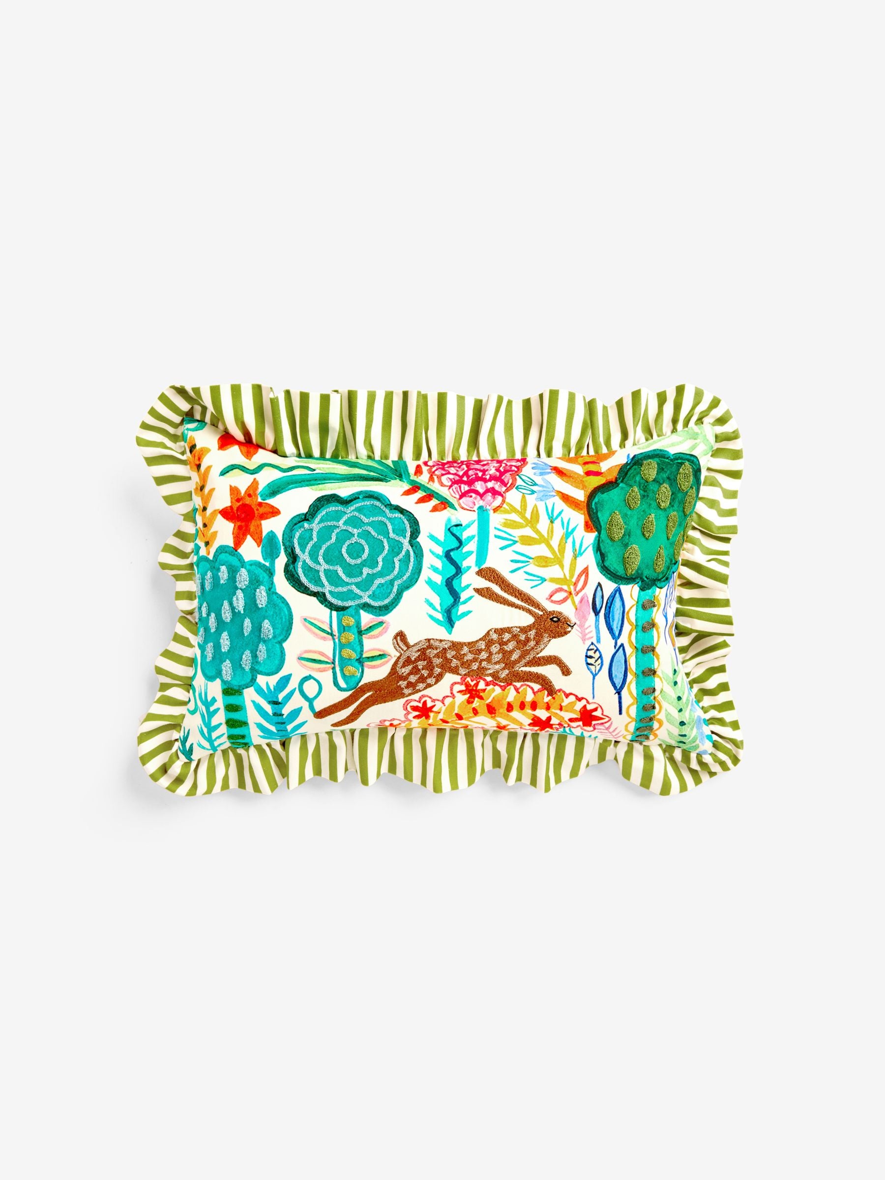 Lucy Tiffney green run rabbit embroidered ruffle cushion (British brand)