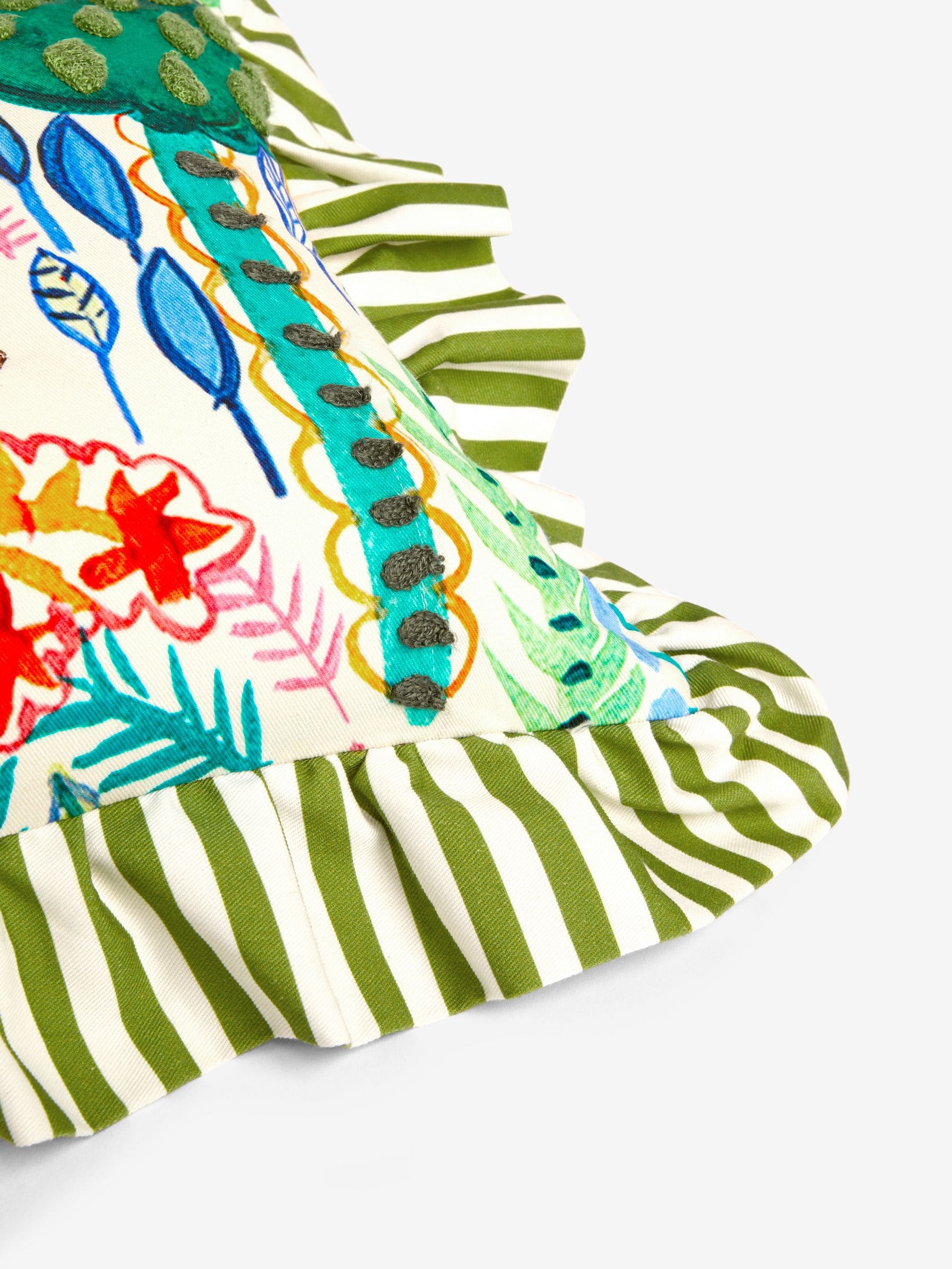 Lucy Tiffney green run rabbit embroidered ruffle cushion (British brand)