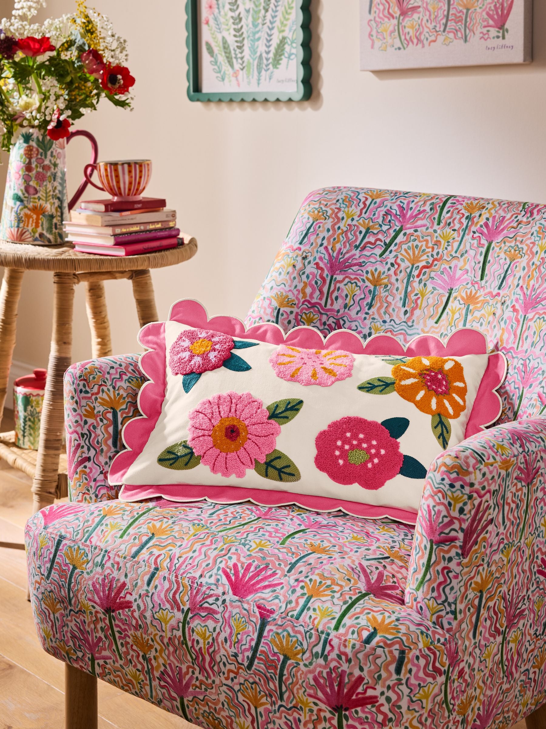 Lucy Tiffney pink floral tufted cushion 30x50cm, UK version